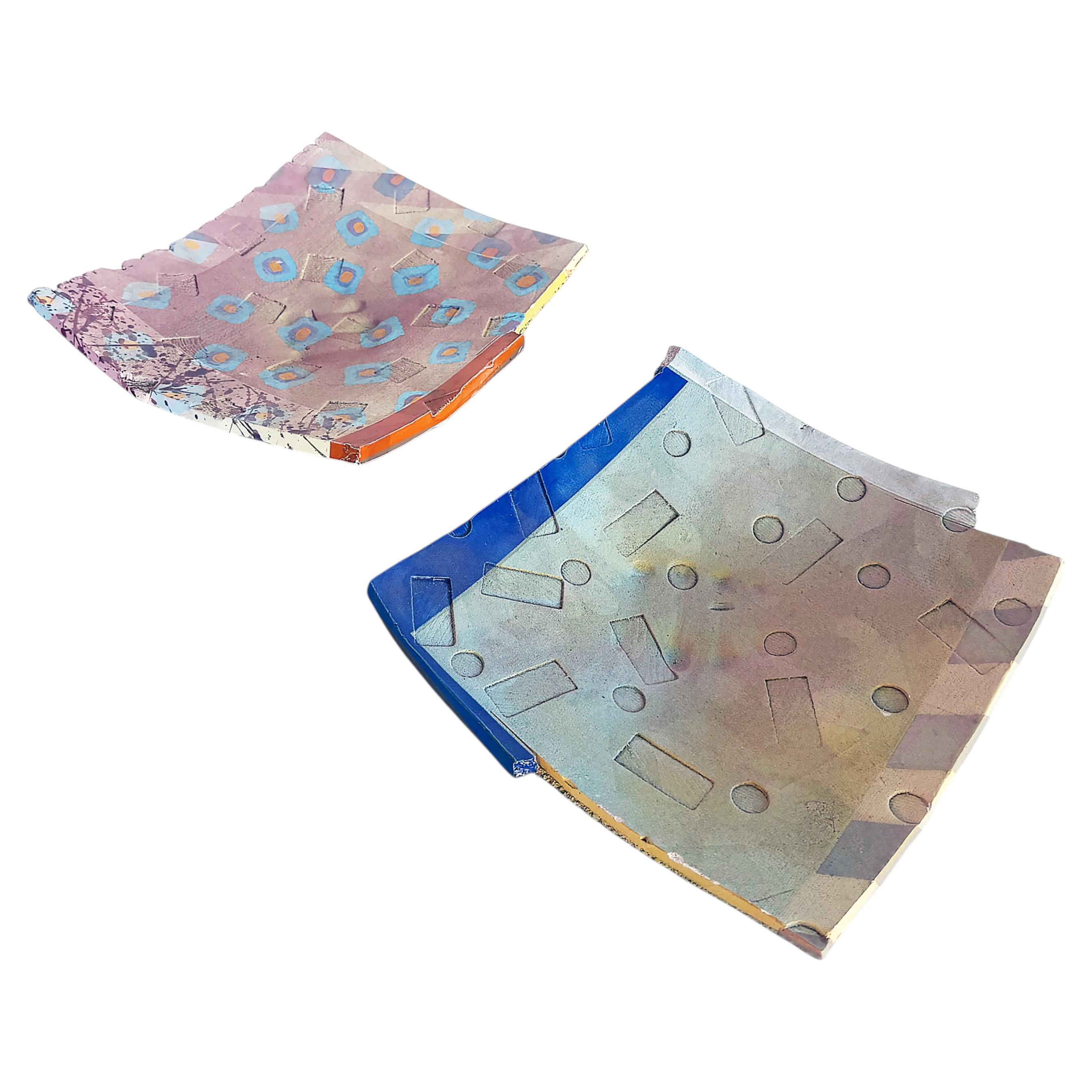 Whimsical Post-modern Glazed Footed Studio Pottery Platters, Pair For Sale