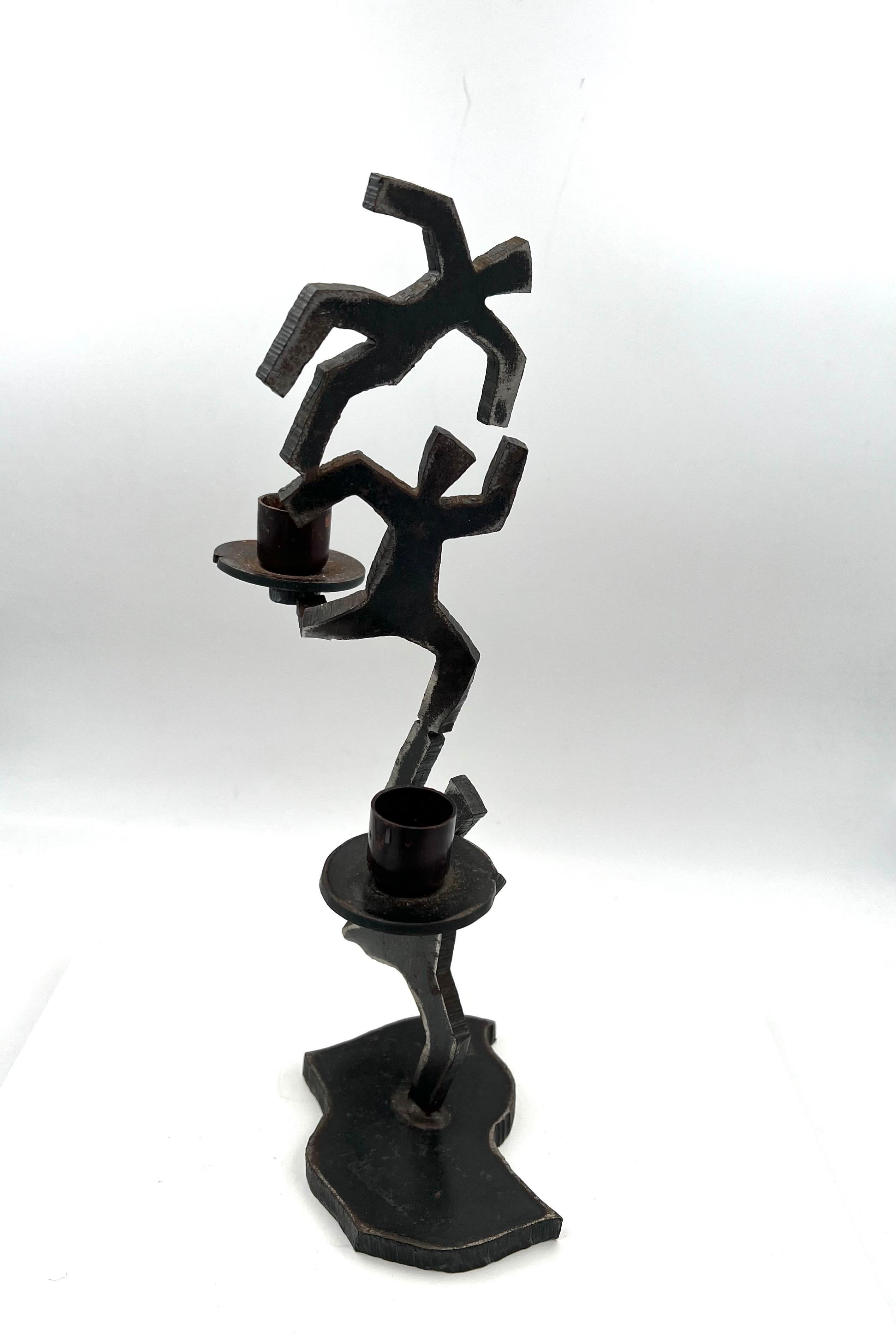 Post-Modern Whimsical Postmodern Torch Cut Solid Iron Candle Holder Sculpture Signed For Sale