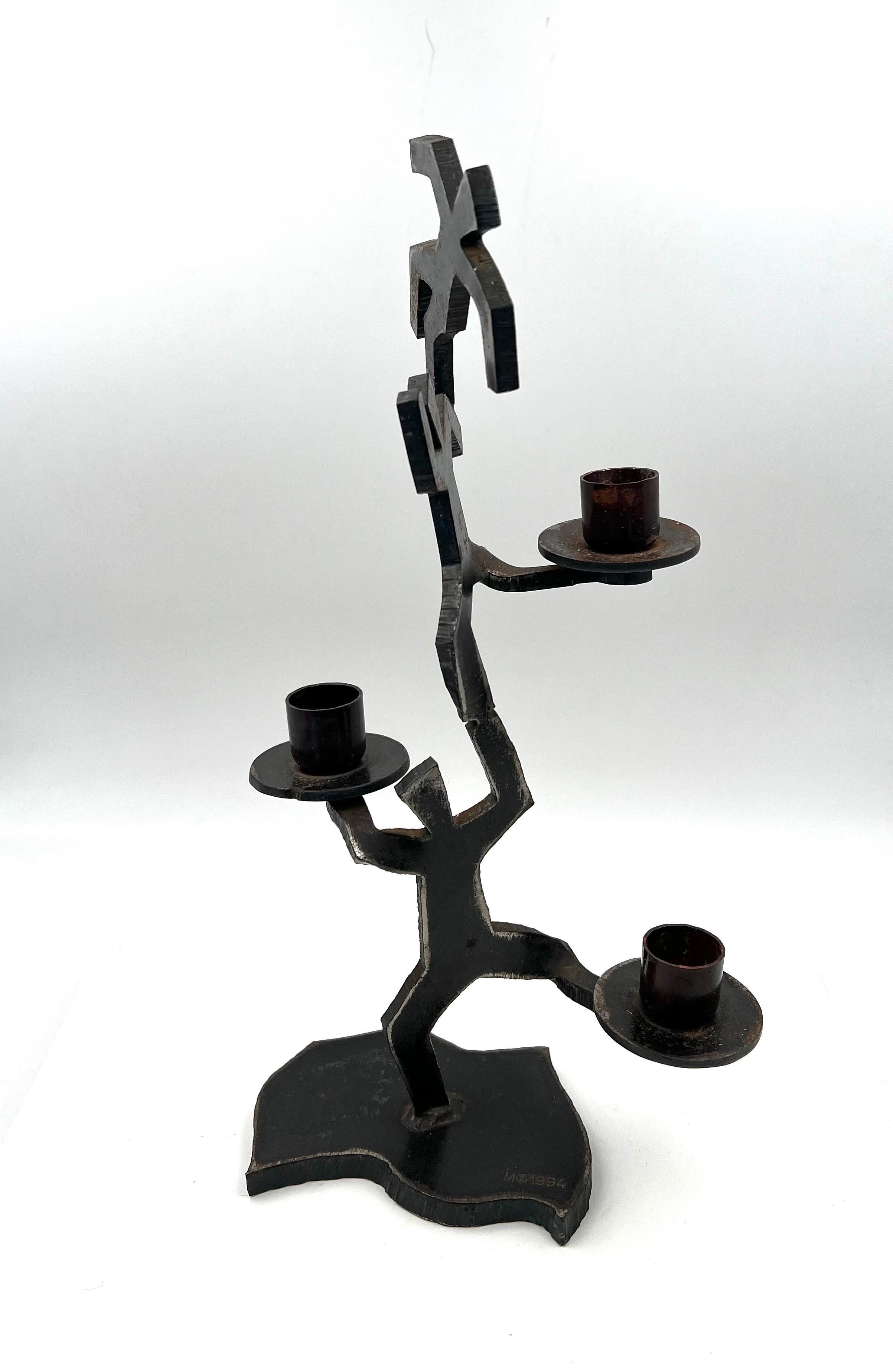 American Whimsical Postmodern Torch Cut Solid Iron Candle Holder Sculpture Signed For Sale