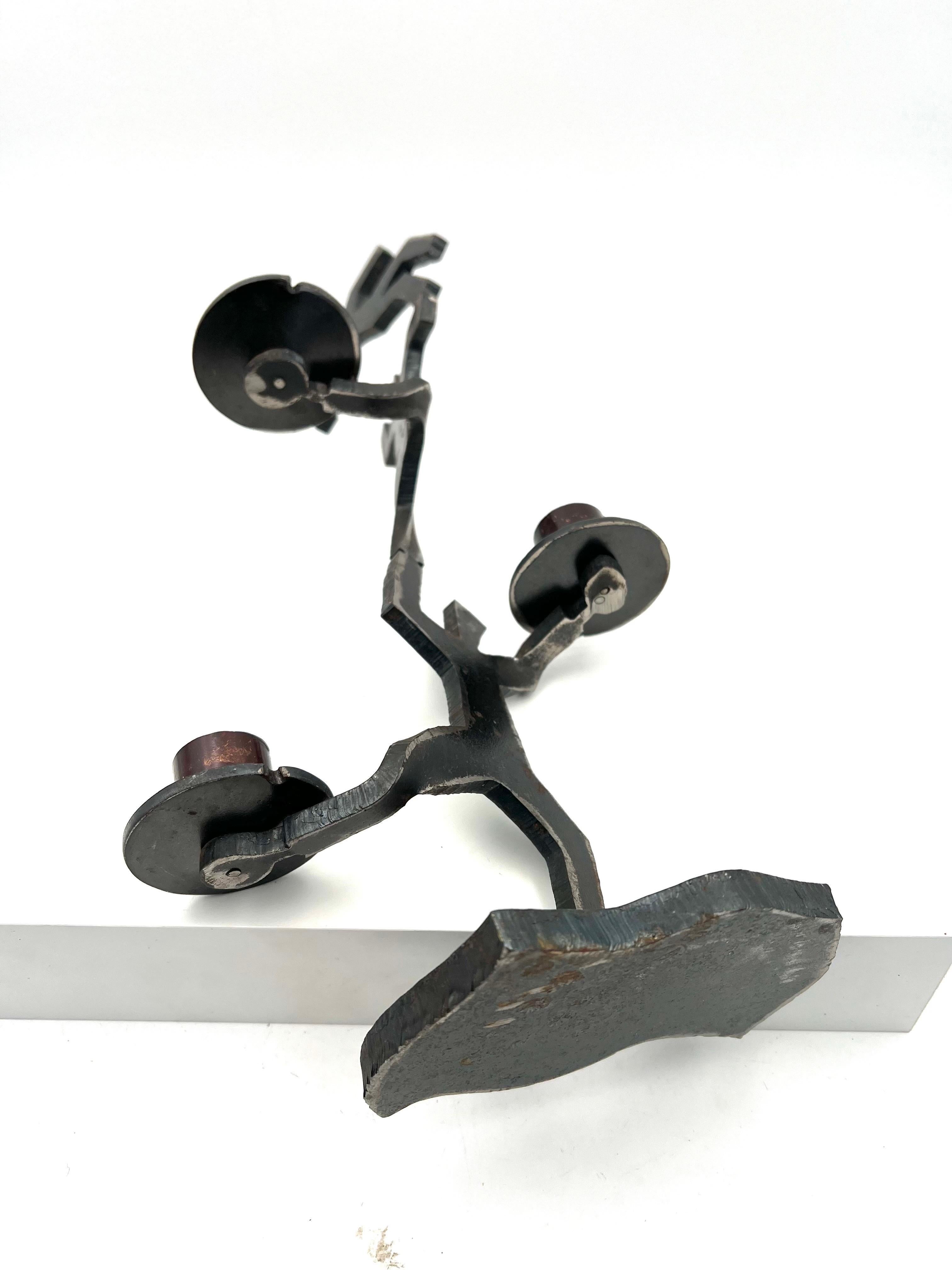 Whimsical Postmodern Torch Cut Solid Iron Candle Holder Sculpture Signed In Excellent Condition For Sale In San Diego, CA