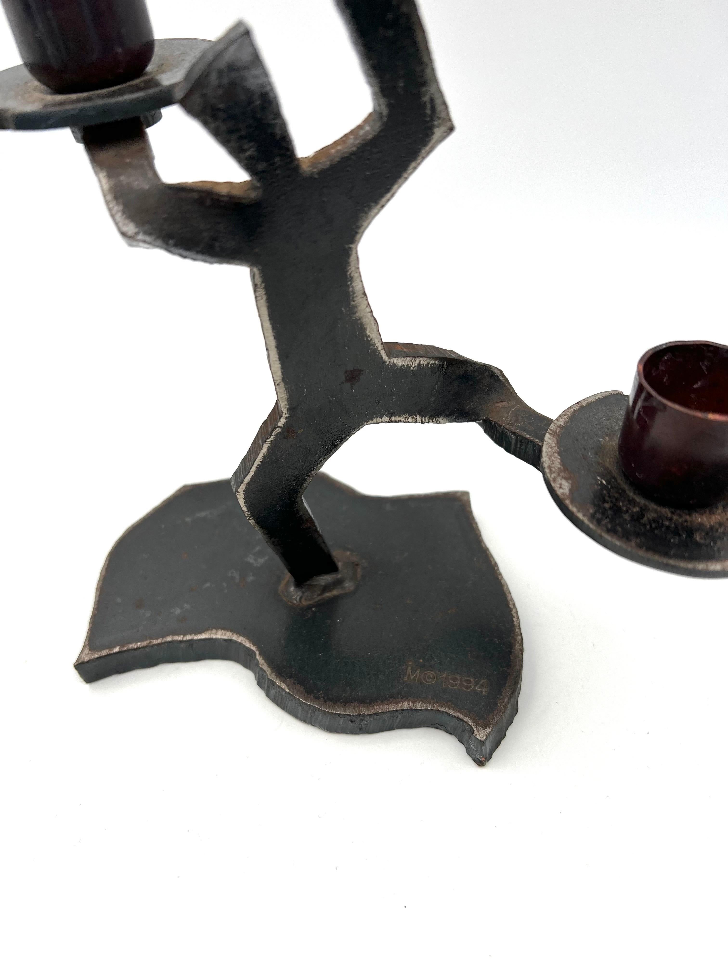 20th Century Whimsical Postmodern Torch Cut Solid Iron Candle Holder Sculpture Signed For Sale