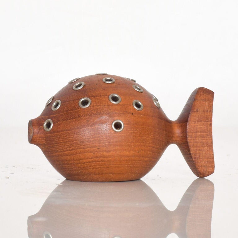 Whimsical Puffer Fish Toothpick Holder Appetizer Server in Solid Teak Denmark at 1stDibs