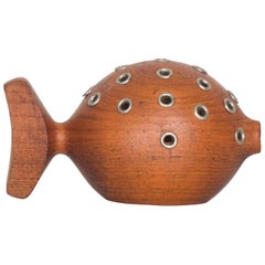 Retro Whimsical Puffer Fish Toothpick Holder Appetizer Server in Solid Teak Denmark