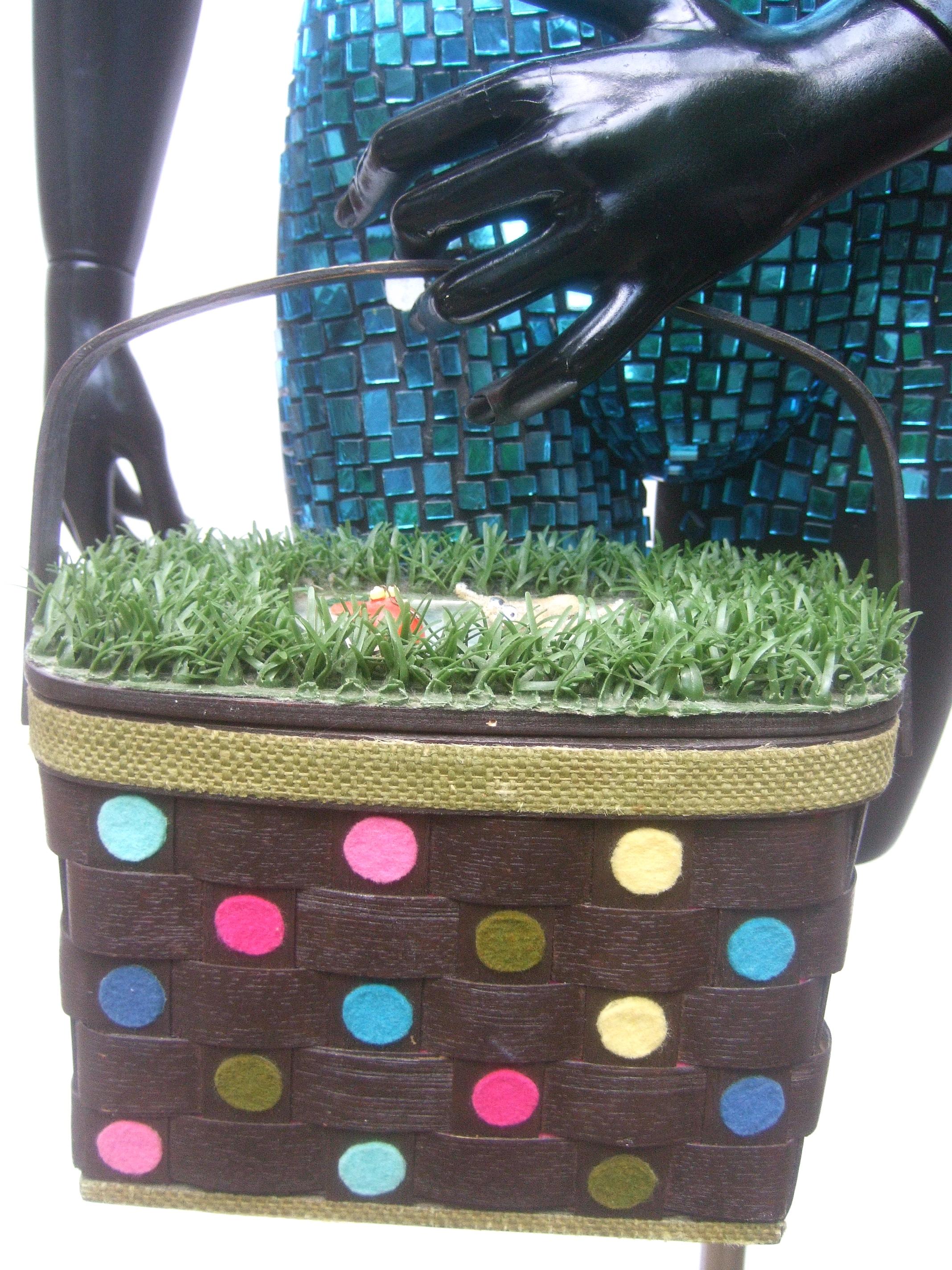 Gray Whimsical Quirky Astro Turf  Wicker Handmade Basket Purse circa 1970