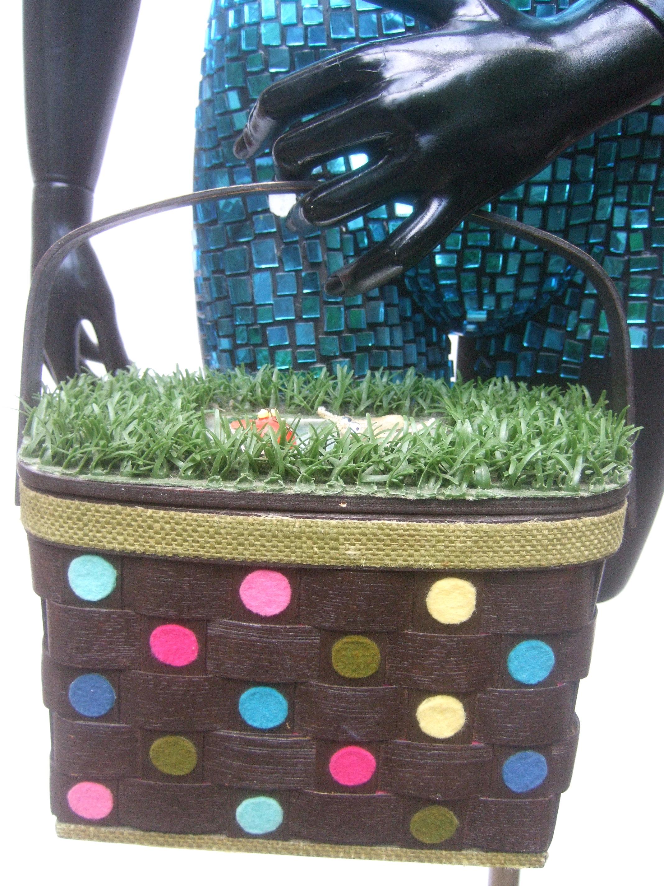 Gray Whimsical Quirky Astro Turf  Wicker Handmade Basket Purse circa 1970 For Sale