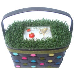 Retro Whimsical Quirky Astro Turf  Wicker Handmade Basket Purse circa 1970