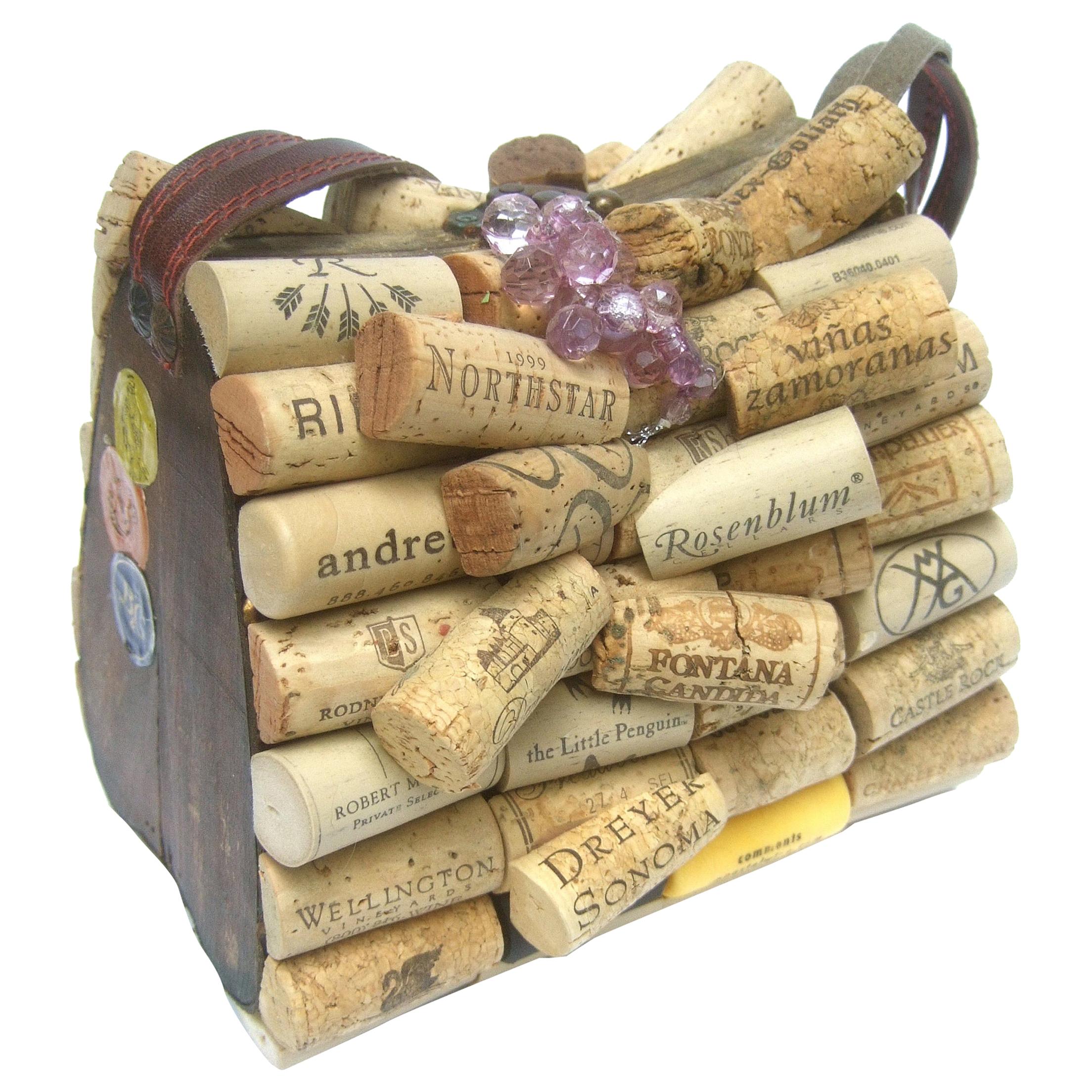 Whimsical Quirky Wine Cork Wood Box Purse Handbag c 1980s For Sale