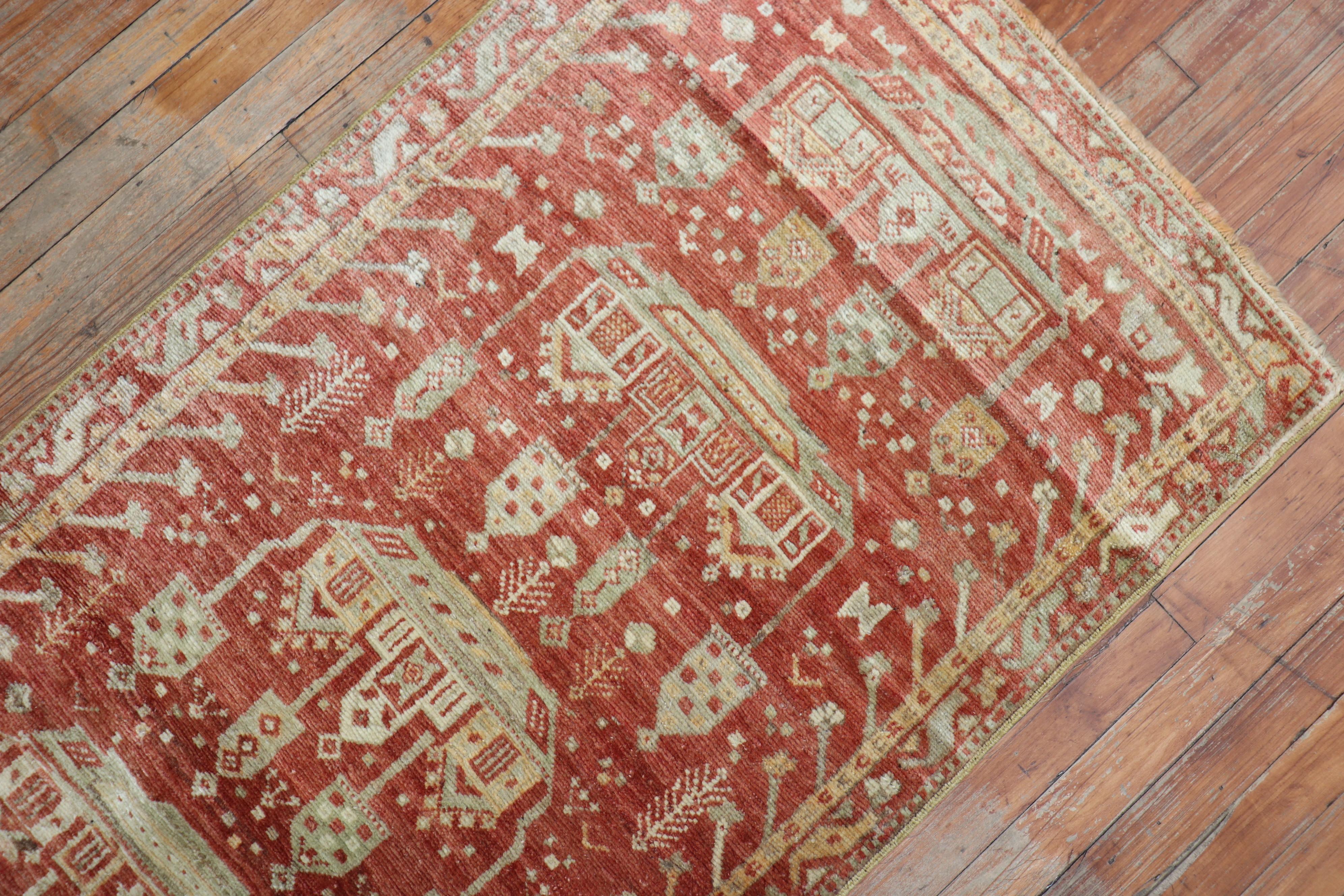 Hand-Knotted Whimsical Red Turkish Fine Narrow Runner For Sale