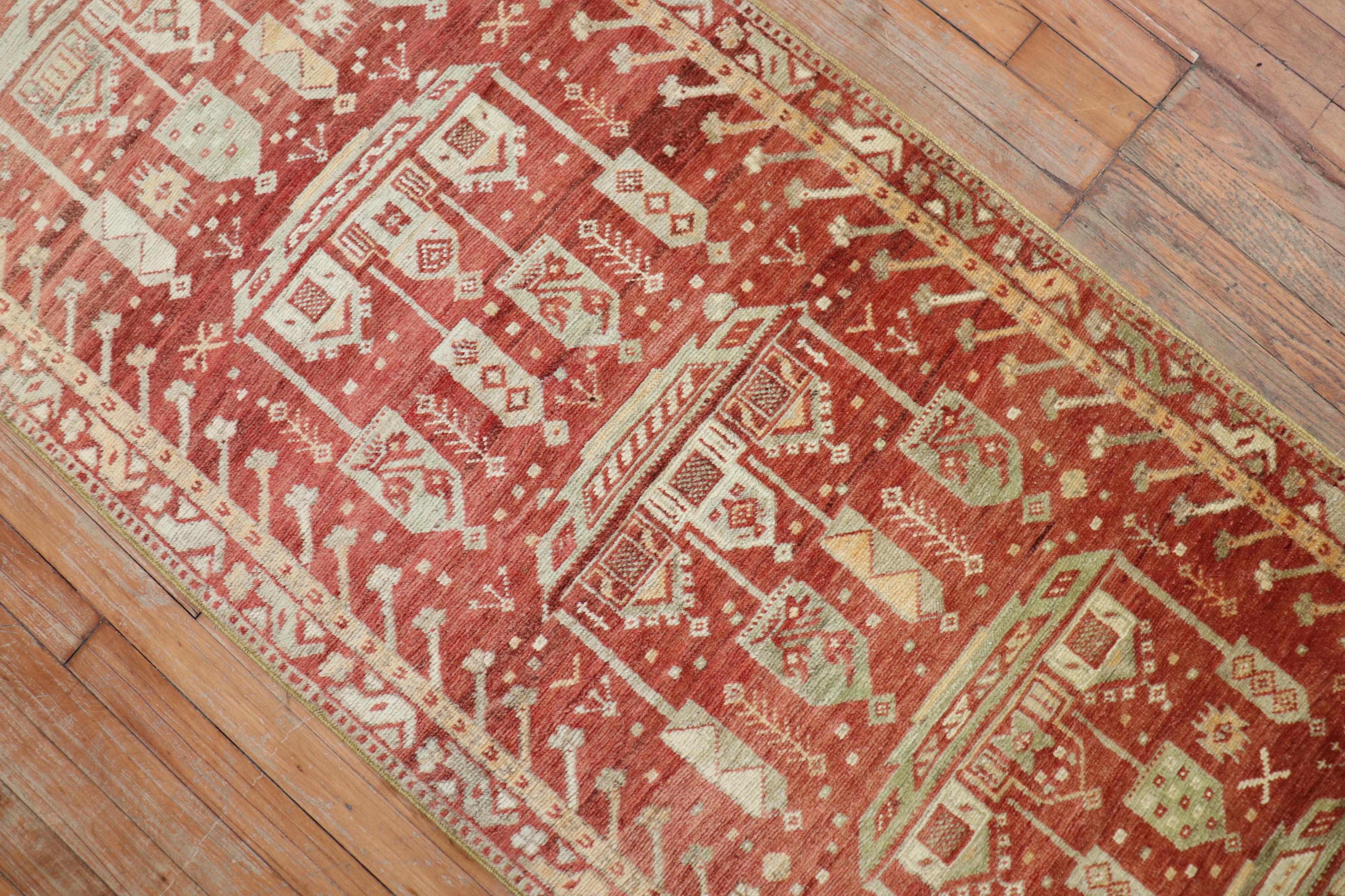 Wool Whimsical Red Turkish Fine Narrow Runner For Sale