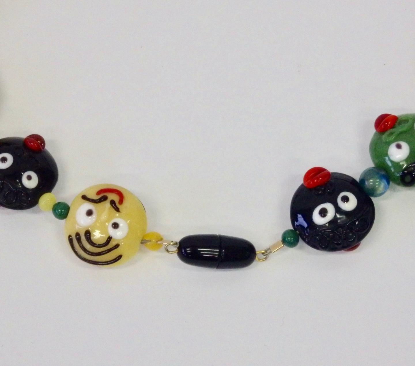 Mid-Century Modern Whimsical Red, Yellow, Green, Black Murano Italian Glass Bead Necklace