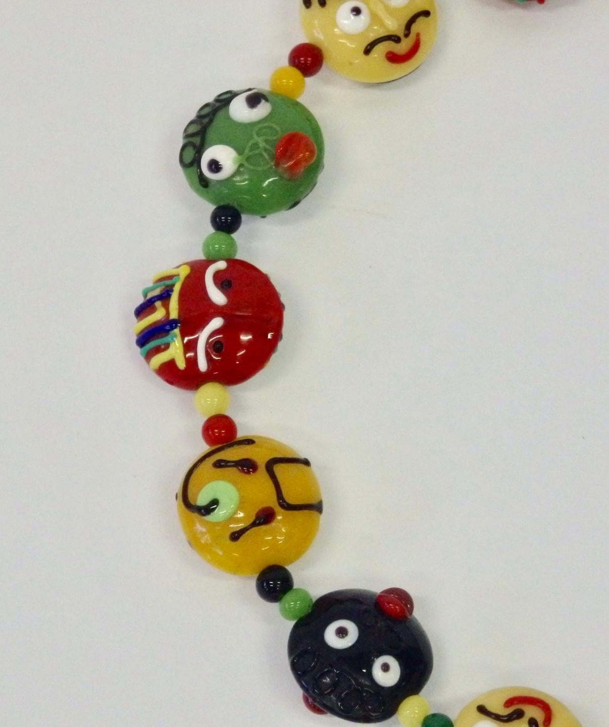 Hand-Crafted Whimsical Red, Yellow, Green, Black Murano Italian Glass Bead Necklace