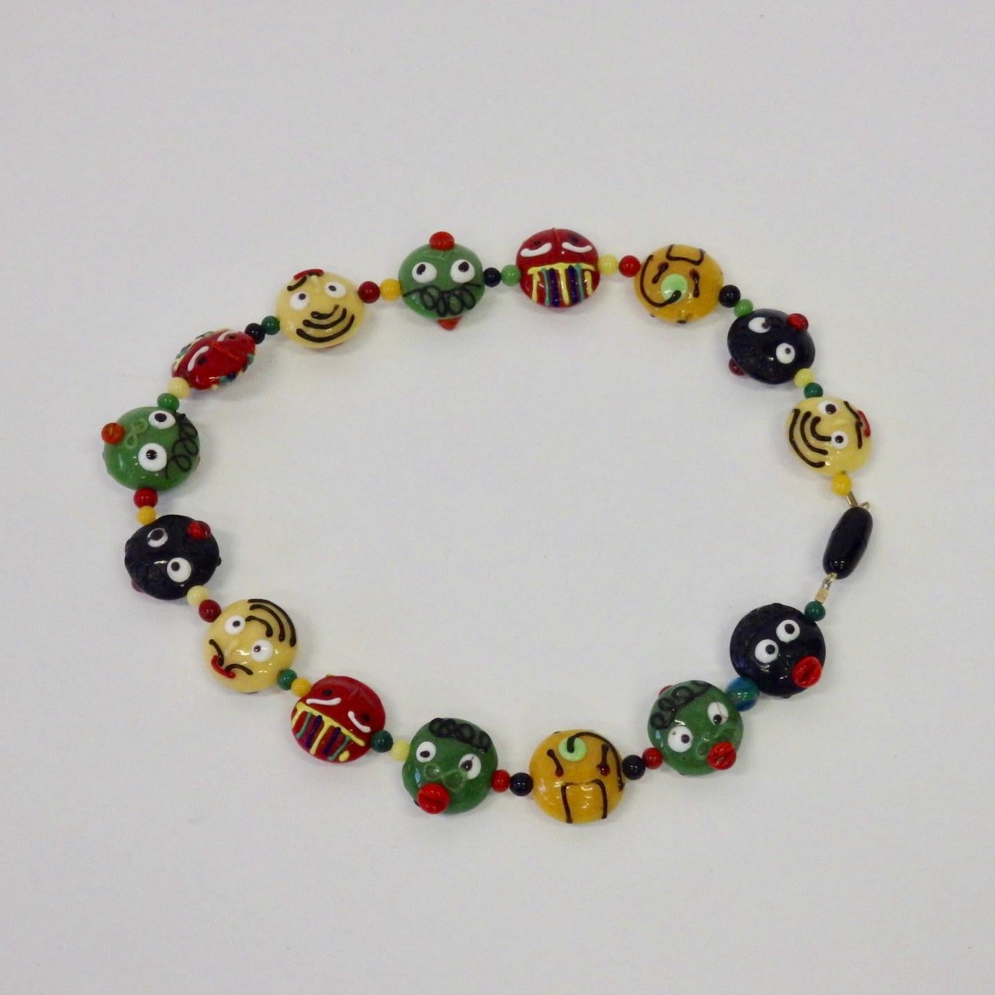 Art Glass Whimsical Red, Yellow, Green, Black Murano Italian Glass Bead Necklace
