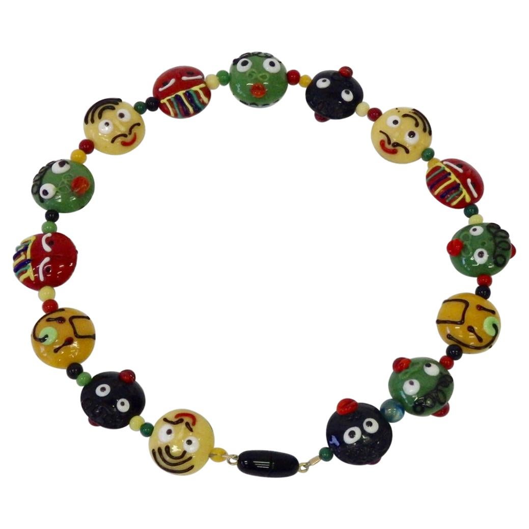 Whimsical Red, Yellow, Green, Black Murano Italian Glass Bead Necklace