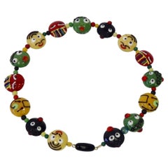 Whimsical Red, Yellow, Green, Black Murano Italian Glass Bead Necklace