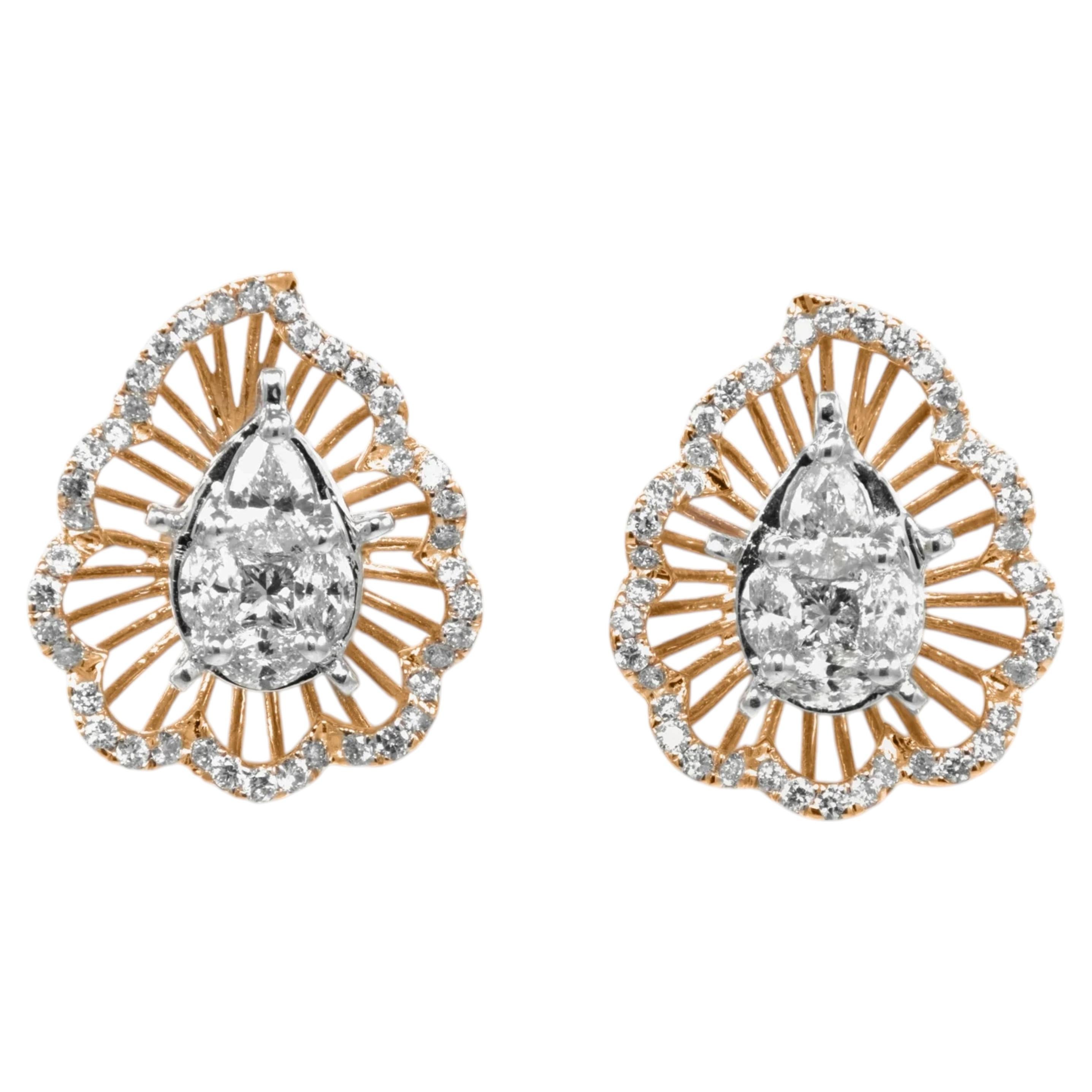 Whimsical Rose Gold Stud Earrings Featuring Pear Diamonds & Pavé Halo