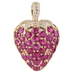 Whimsical Ruby Strawberry Pendant 2.55ct in 14K Yellow Gold with Pave Diamonds