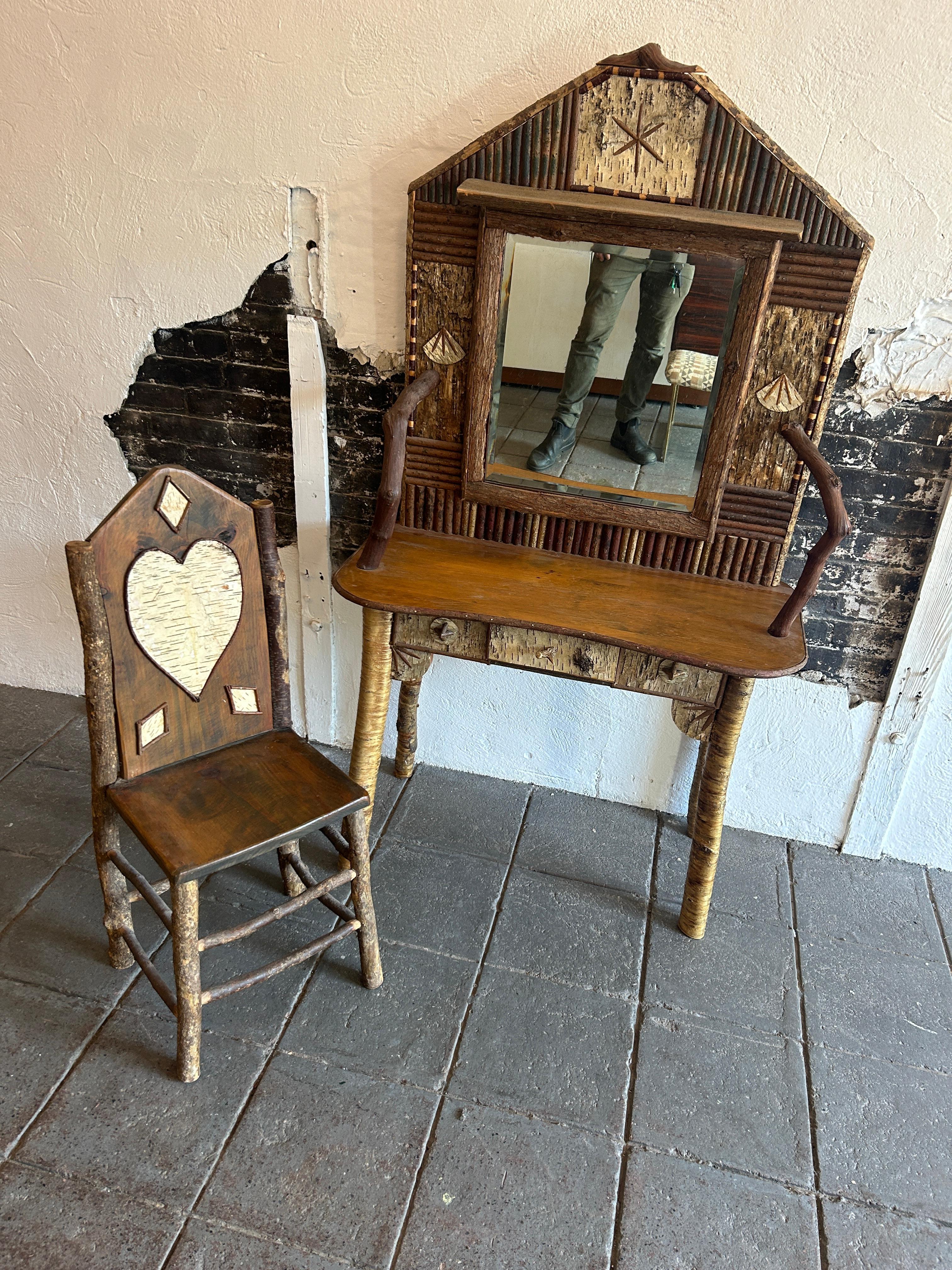 Late 20th Century Whimsical rustic Adirondack child’s Vanity Mirror desk and chair studio craft For Sale