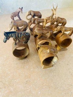 Whimsical Set of 10 Hand Carved African Mix Woods Animals Napkin Ring Holders