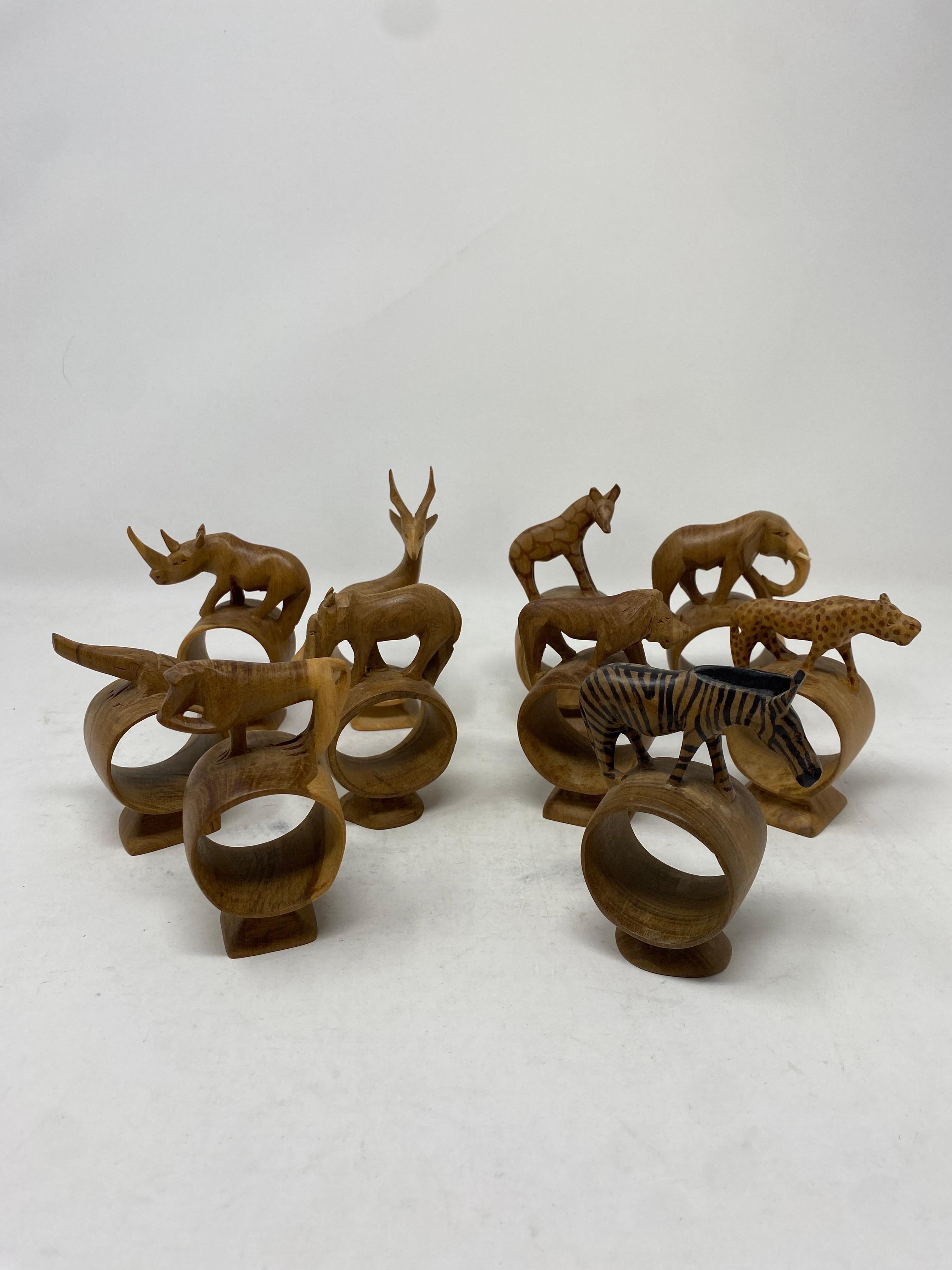 Hand-Crafted Whimsical Set of 10 Hand Carved African Mix Woods Animals Napkin Ring Holders For Sale