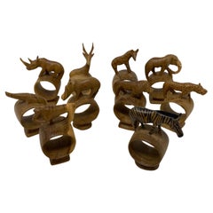 Whimsical Set of 10 Hand Carved African Mix Woods Animals Napkin Ring Holders