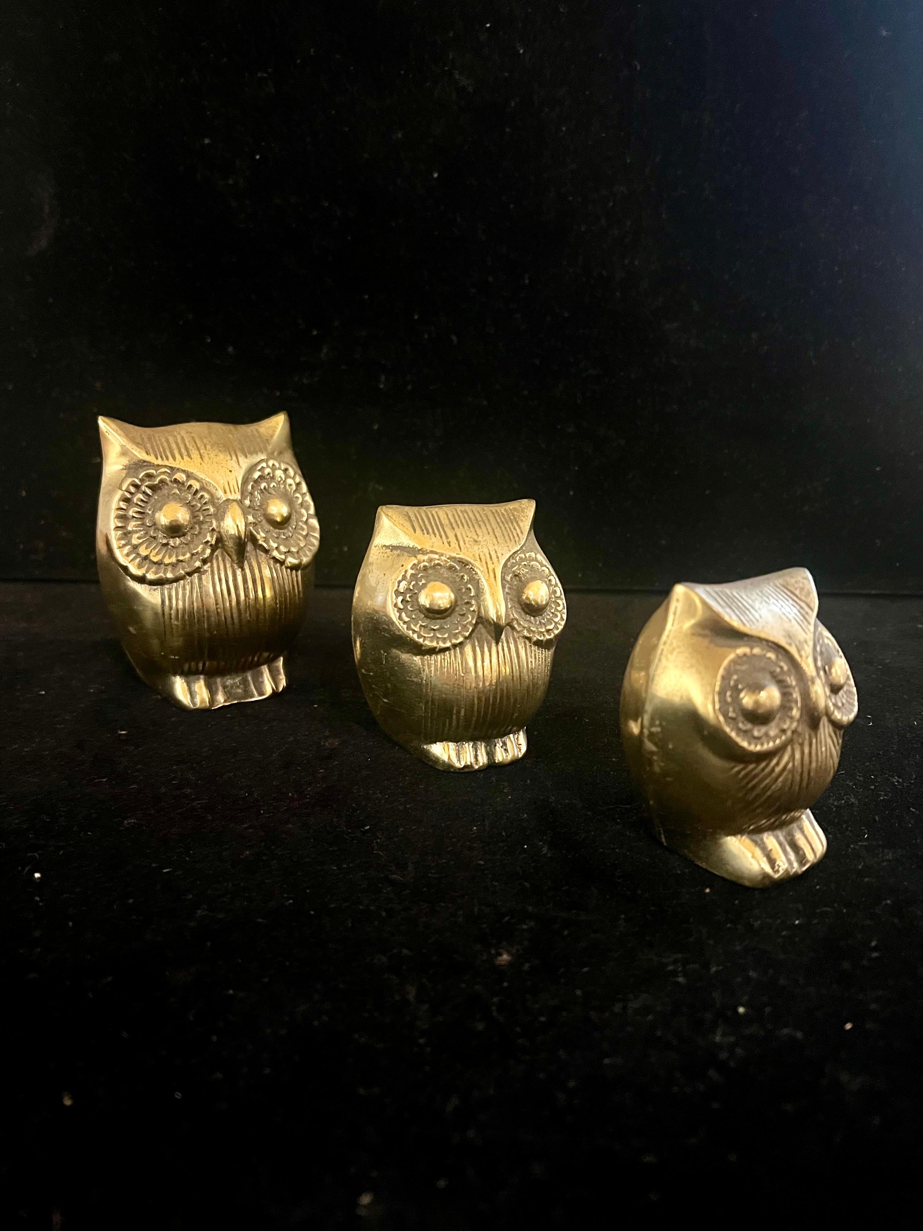 Whimsical set of 3 patinated brass Owls, circa 1960's Hippies era nice condition very collectible good luck-wise charm.3.5