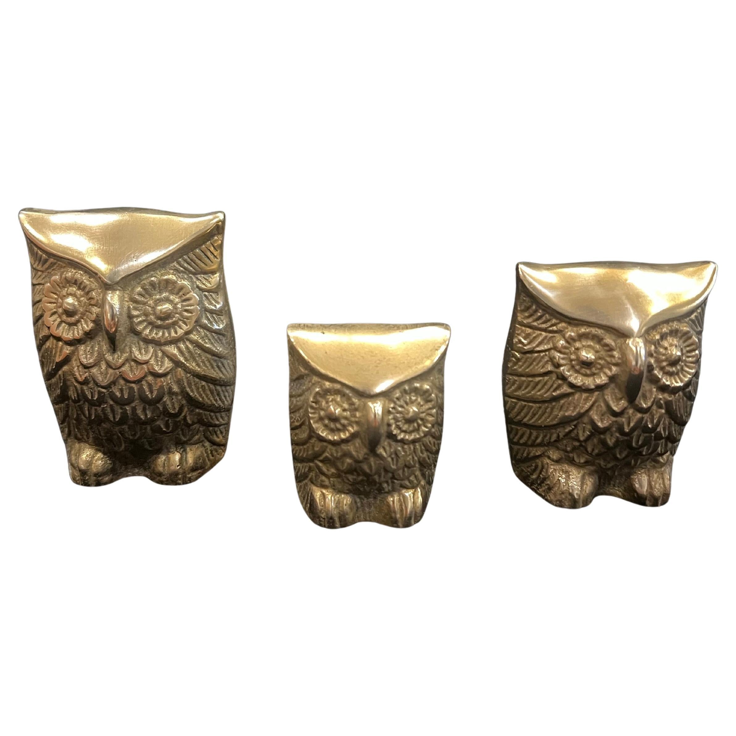 Whimsical set of 3 patinated brass Owls, circa 1960's Hippies era nice condition very collectible good luck-wise charm.3