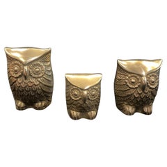 Whimsical set of 3 Patinated Brass Owls from short to tall 1960's