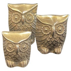 Whimsical set of 3 Patinated Brass Owls from short to tall 1960's