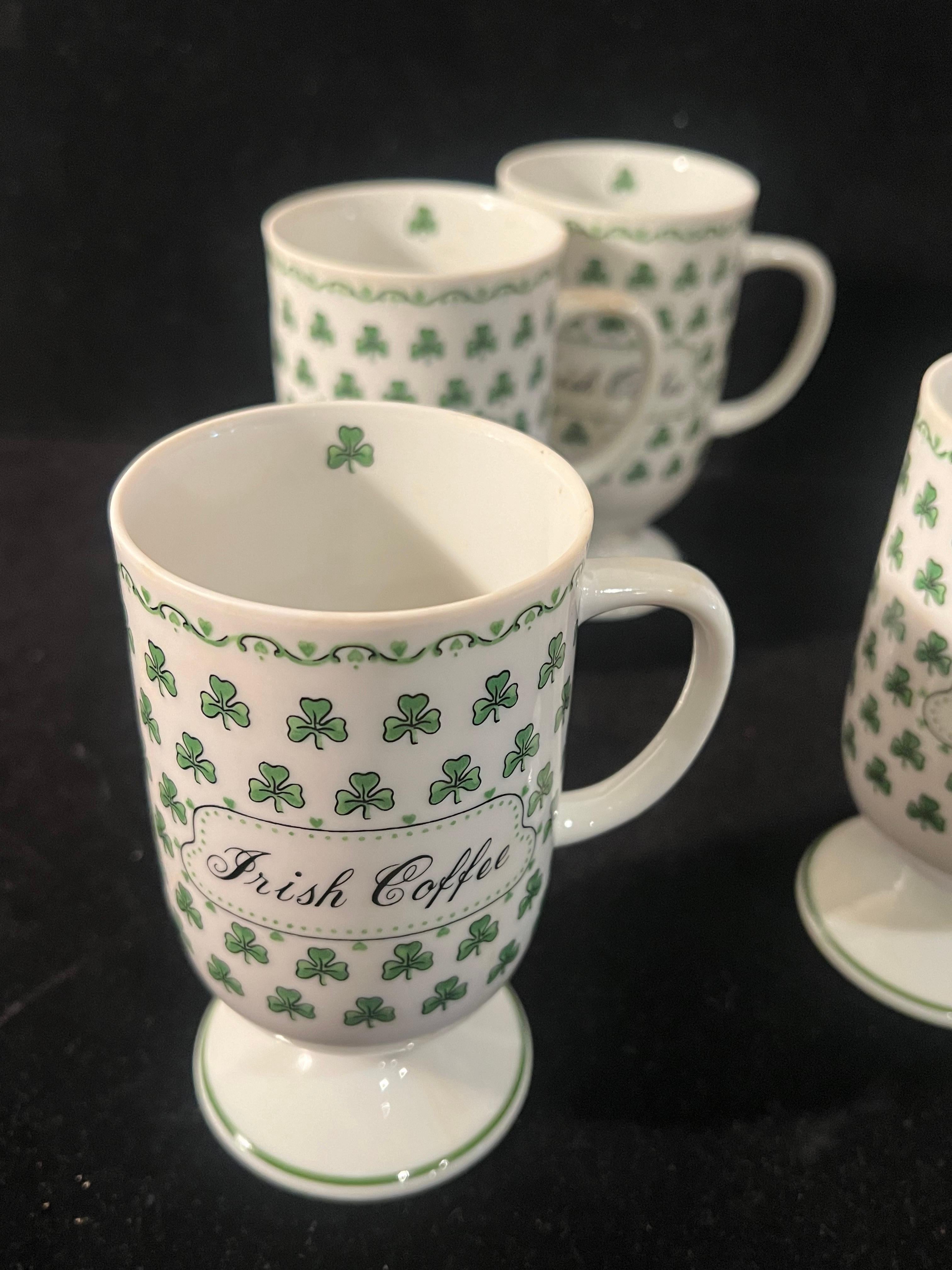 Mid-Century Modern Whimsical set of 4 Irish Coffee Footed Porcelain Mugs Shamrocks 1970's