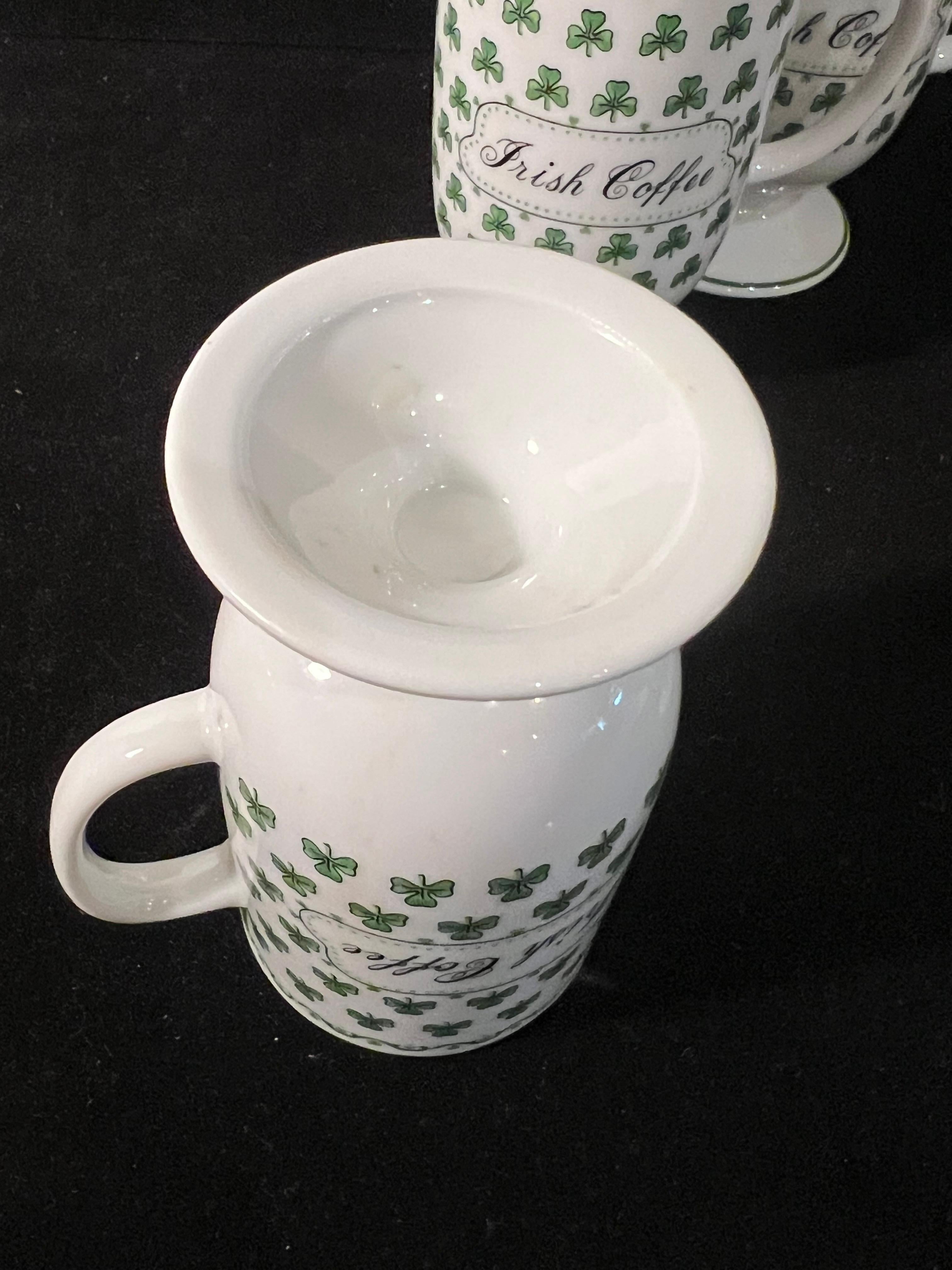 Japanese Whimsical set of 4 Irish Coffee Footed Porcelain Mugs Shamrocks 1970's