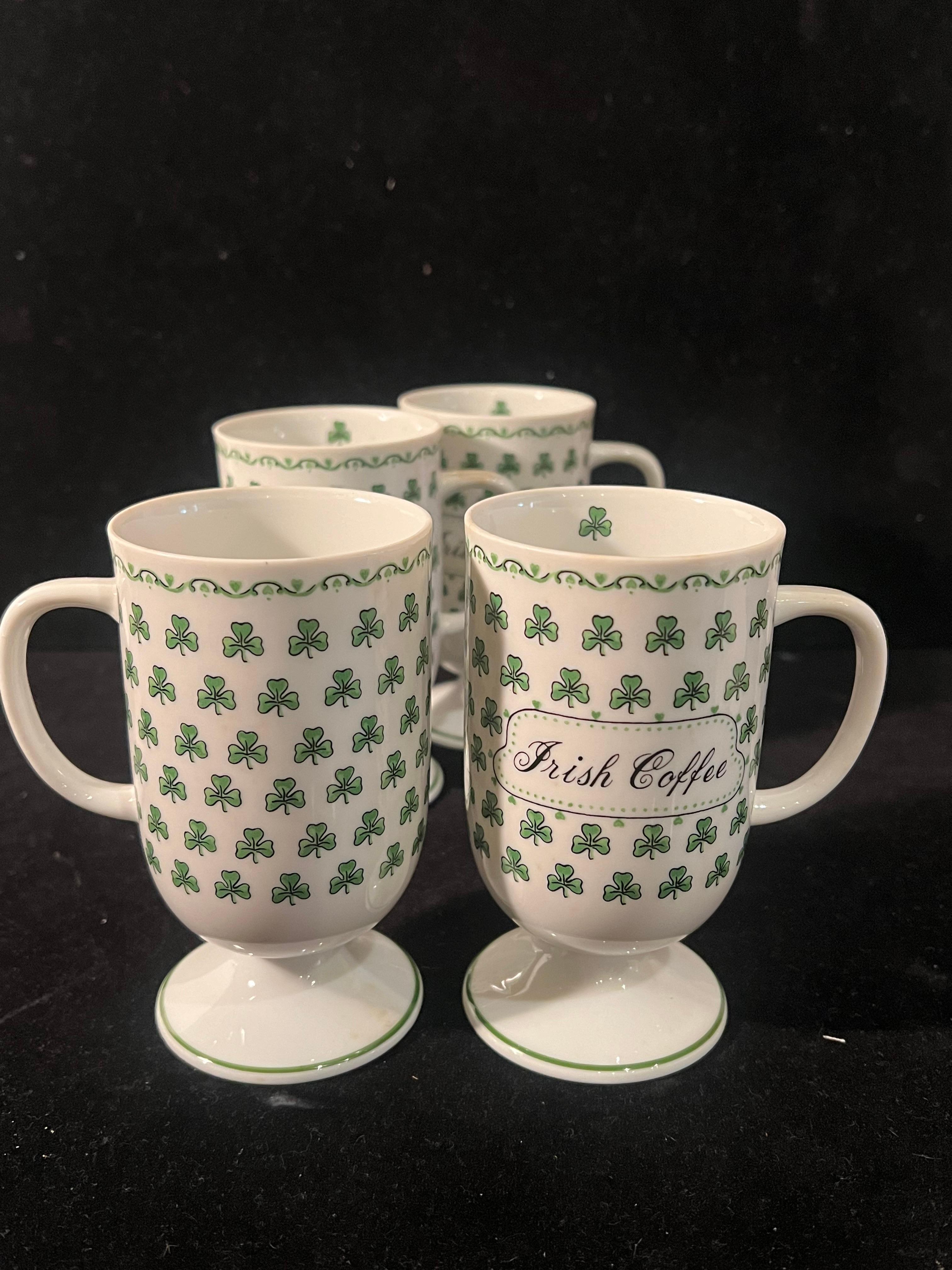 Whimsical set of 4 Irish Coffee Footed Porcelain Mugs Shamrocks 1970's In Excellent Condition In San Diego, CA