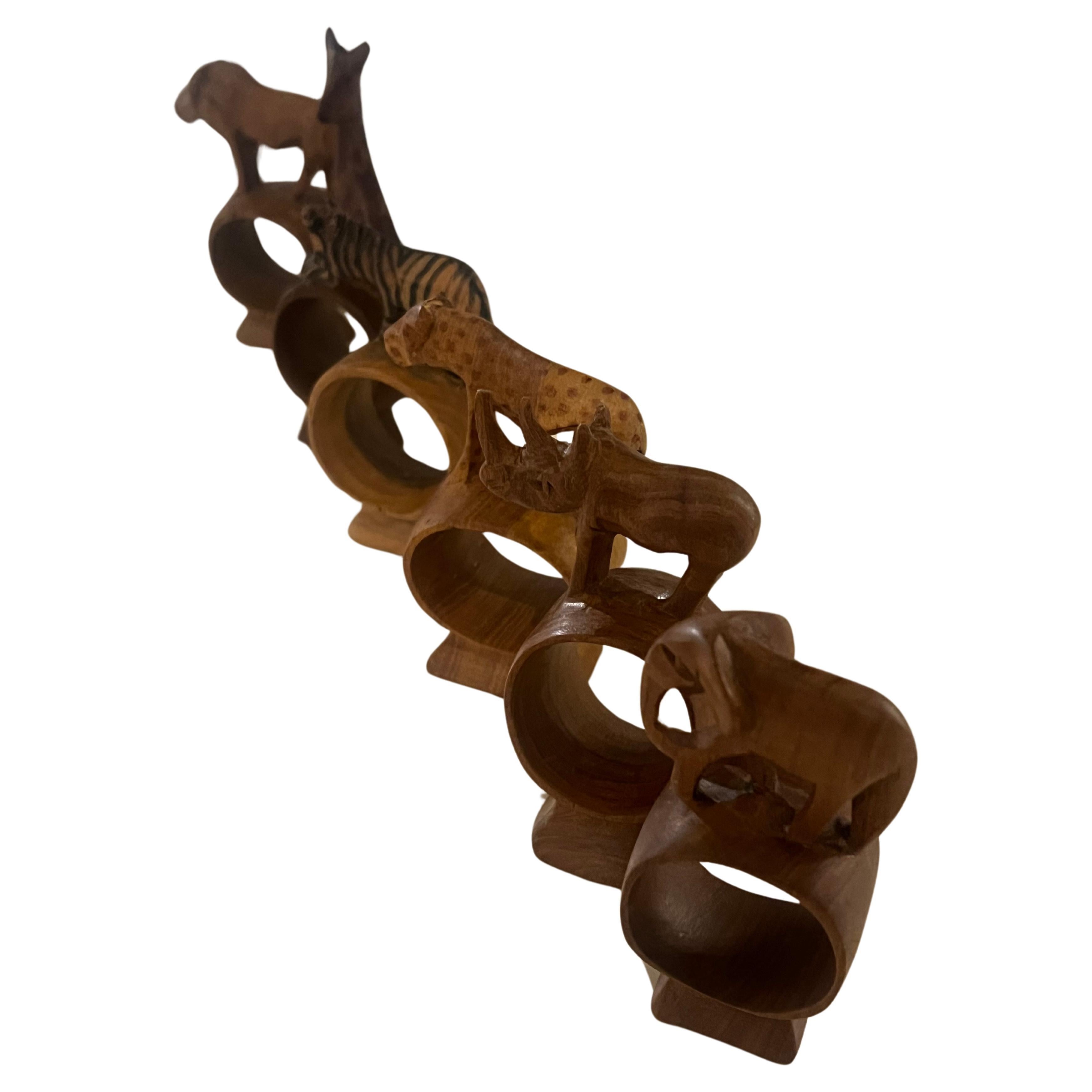 Kenyan Whimsical Set of 6 Hand Carved African Mix Woods Animals Napkin Ring Holders For Sale