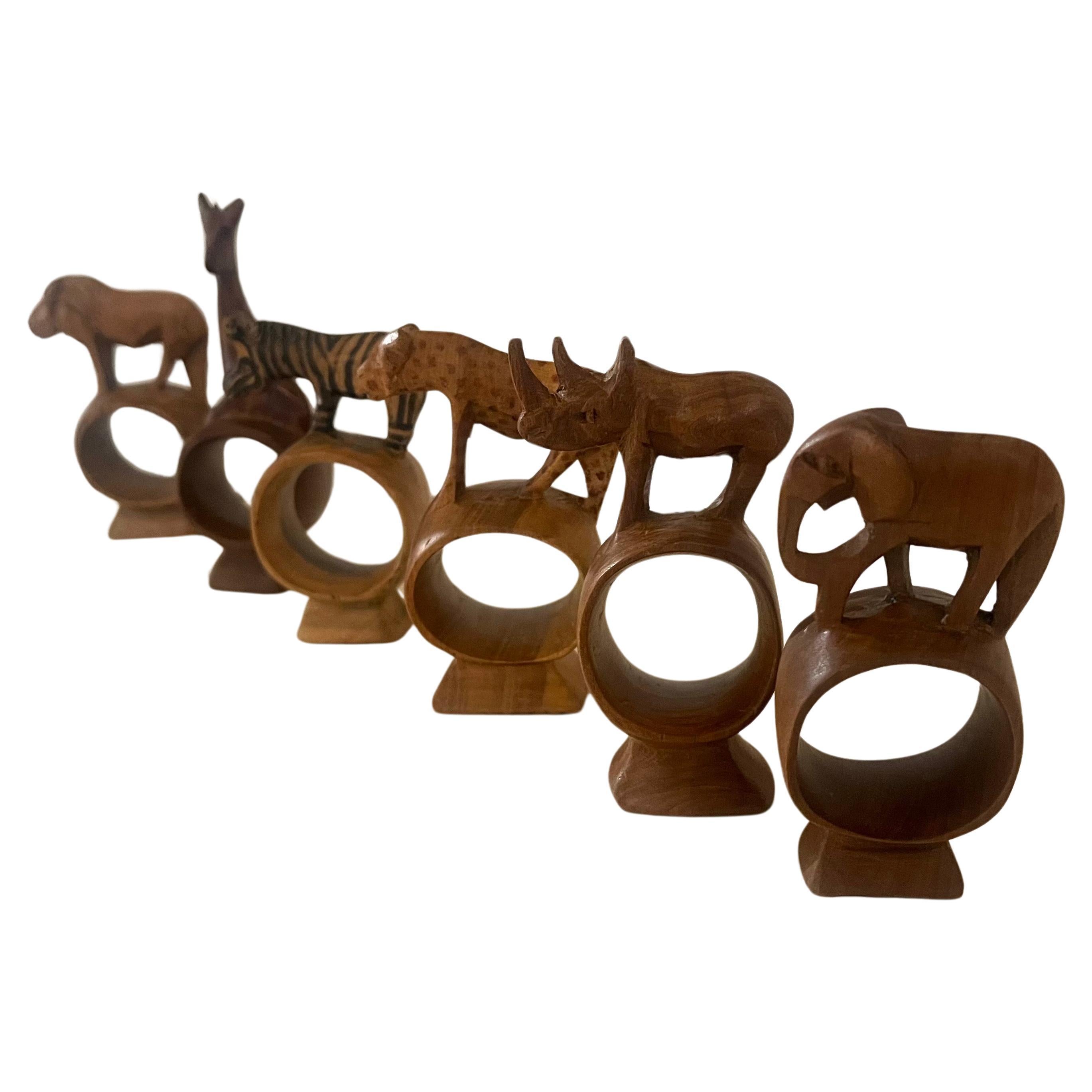 Whimsical Set of 6 Hand Carved African Mix Woods Animals Napkin Ring Holders For Sale