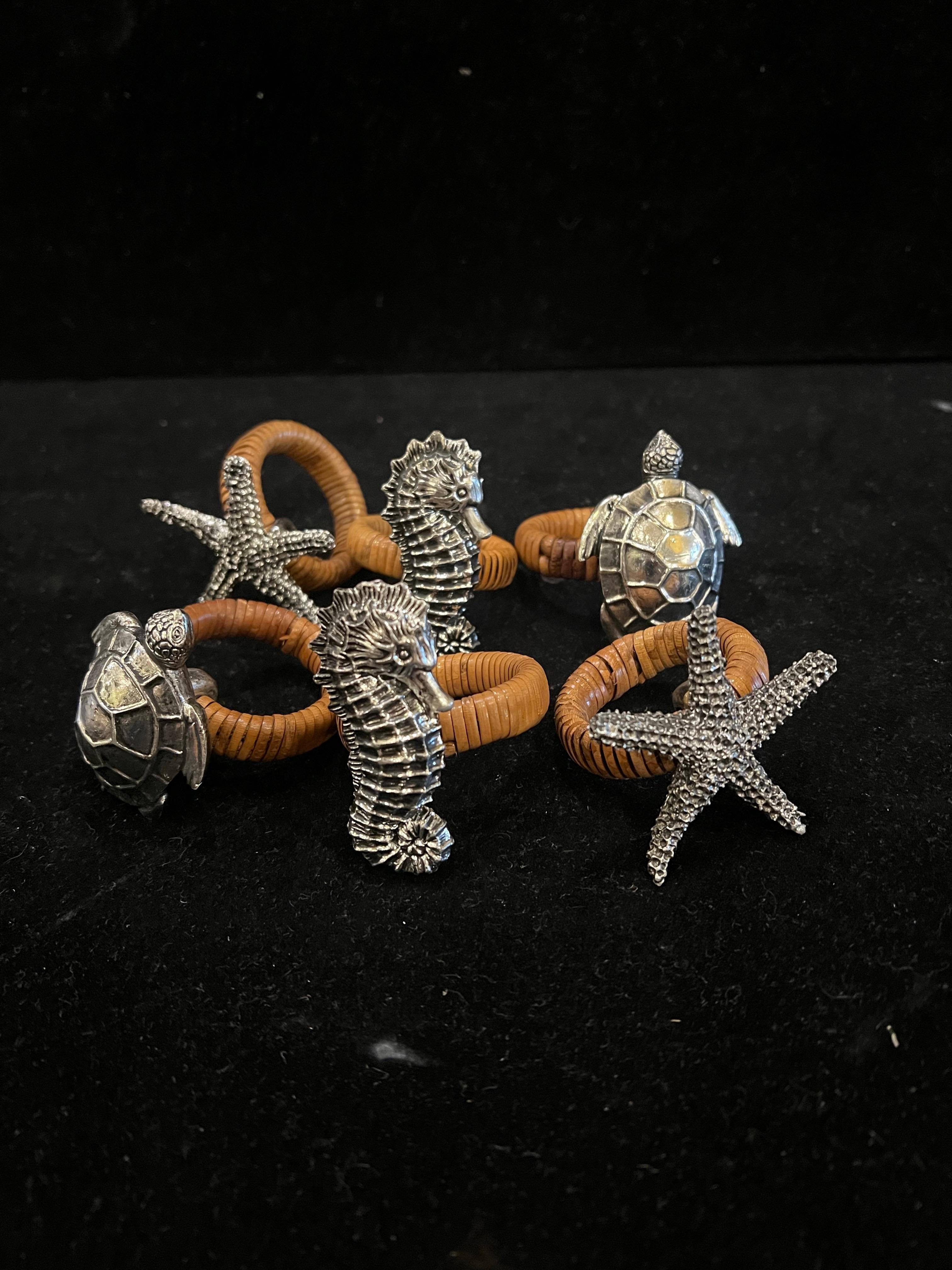Bohemian Whimsical Set of 6 Nautical Sea Life Napkin Ring Holders Cane & Metal