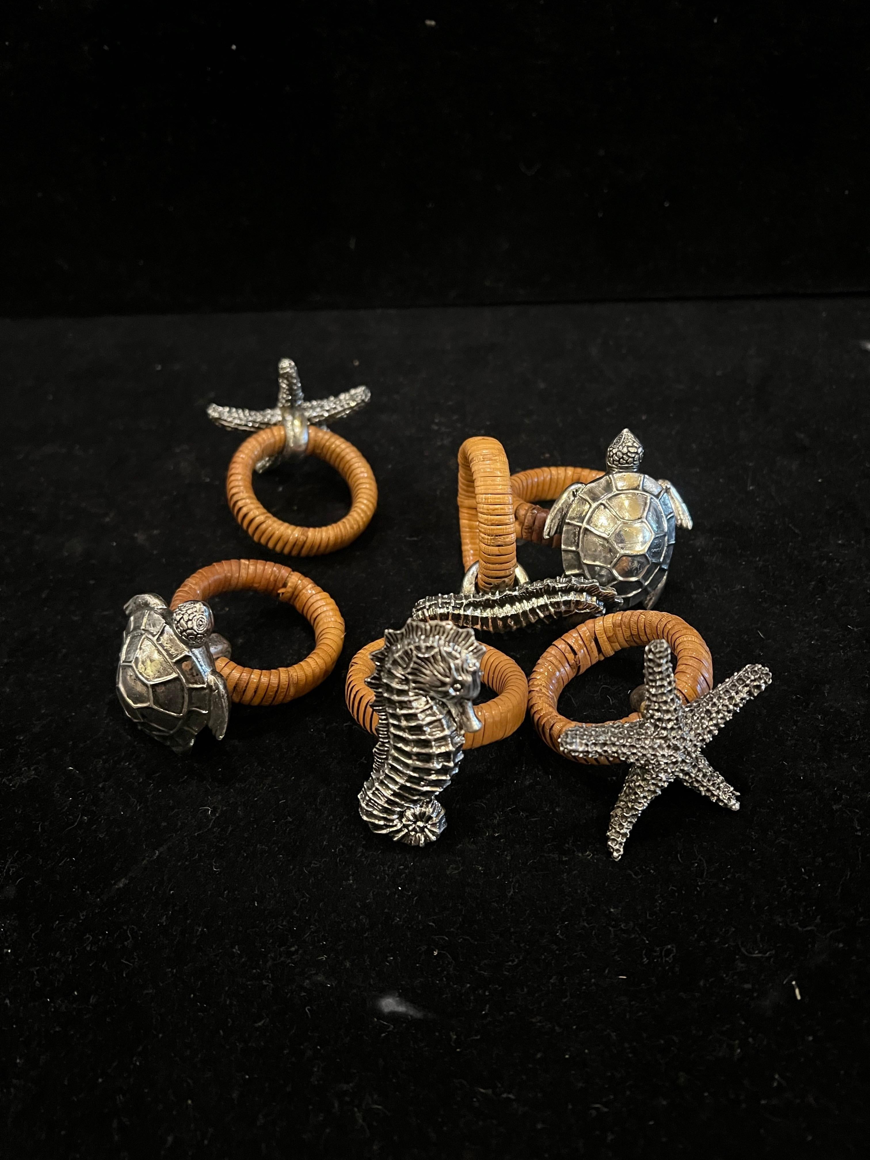 20th Century Whimsical Set of 6 Nautical Sea Life Napkin Ring Holders Cane & Metal
