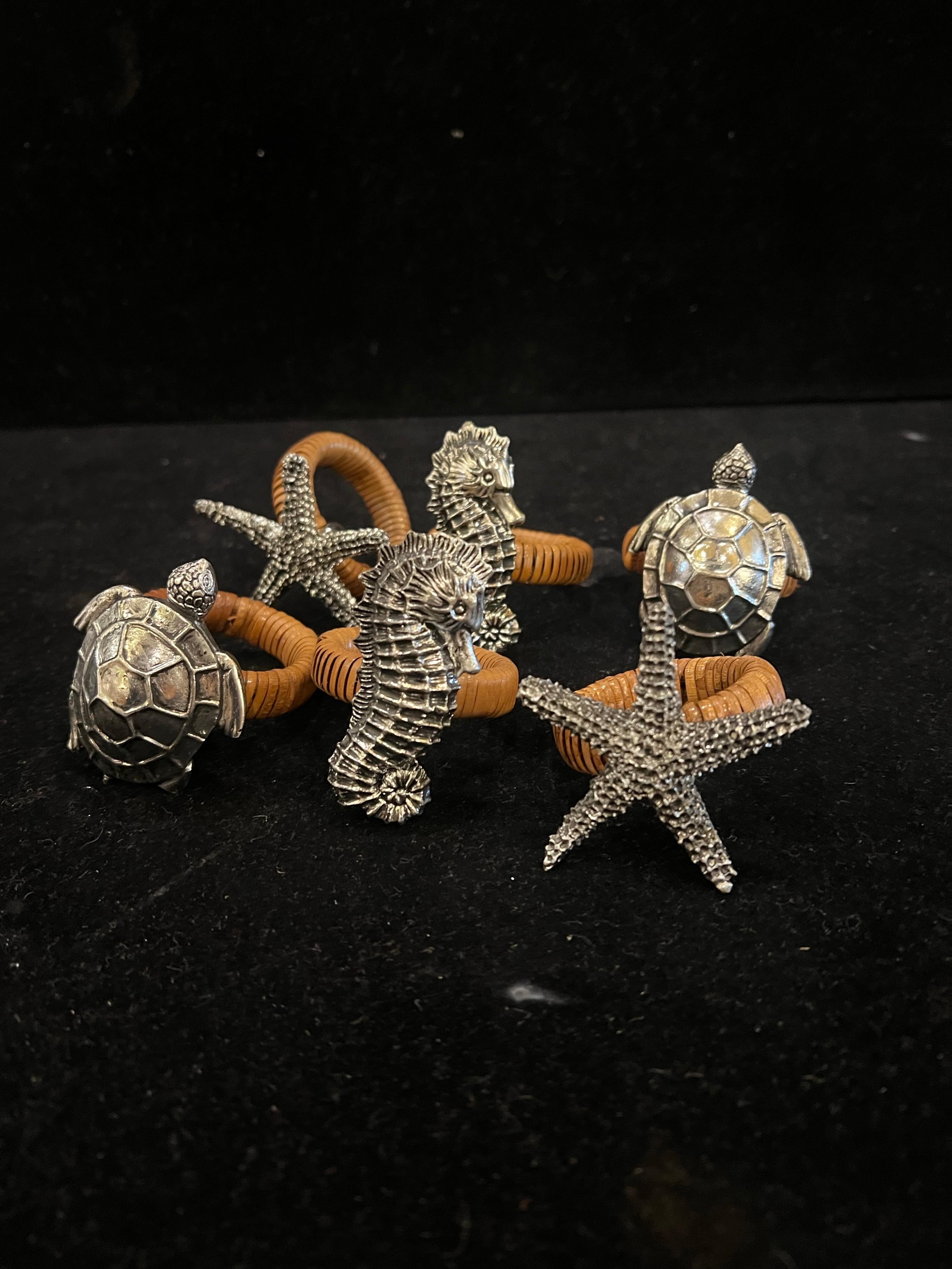 Whimsical Set of 6 Nautical Sea Life Napkin Ring Holders Cane & Metal 1