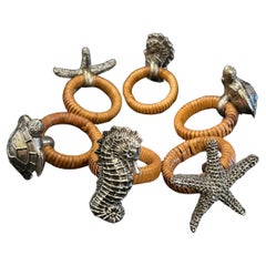 Whimsical Set of 6 Nautical Sea Life Napkin Ring Holders Cane & Metal