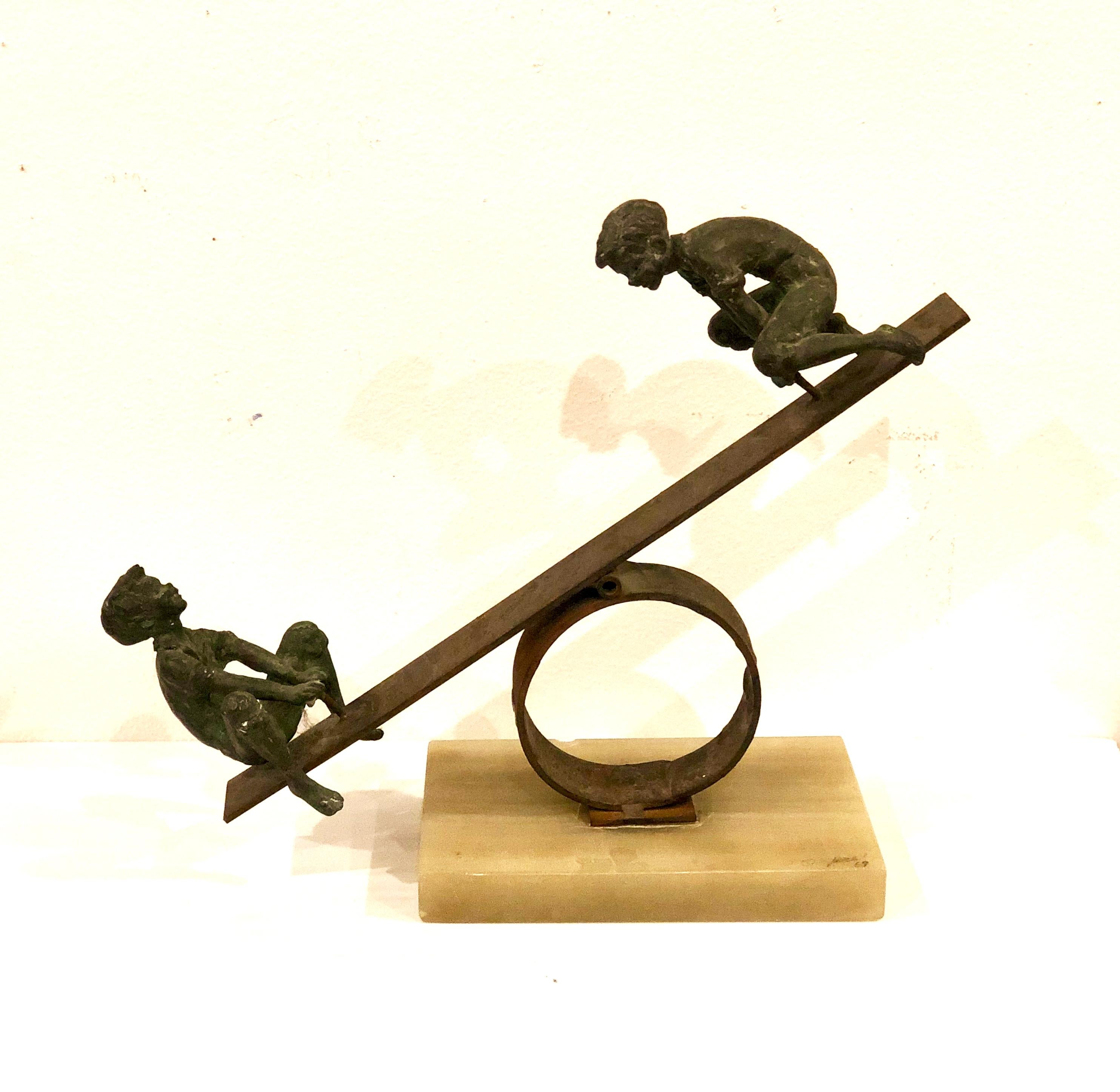 Mid-Century Modern Whimsical Signed & Numbered Seesaw Bronze Sculpture by Curtis Jere 1969