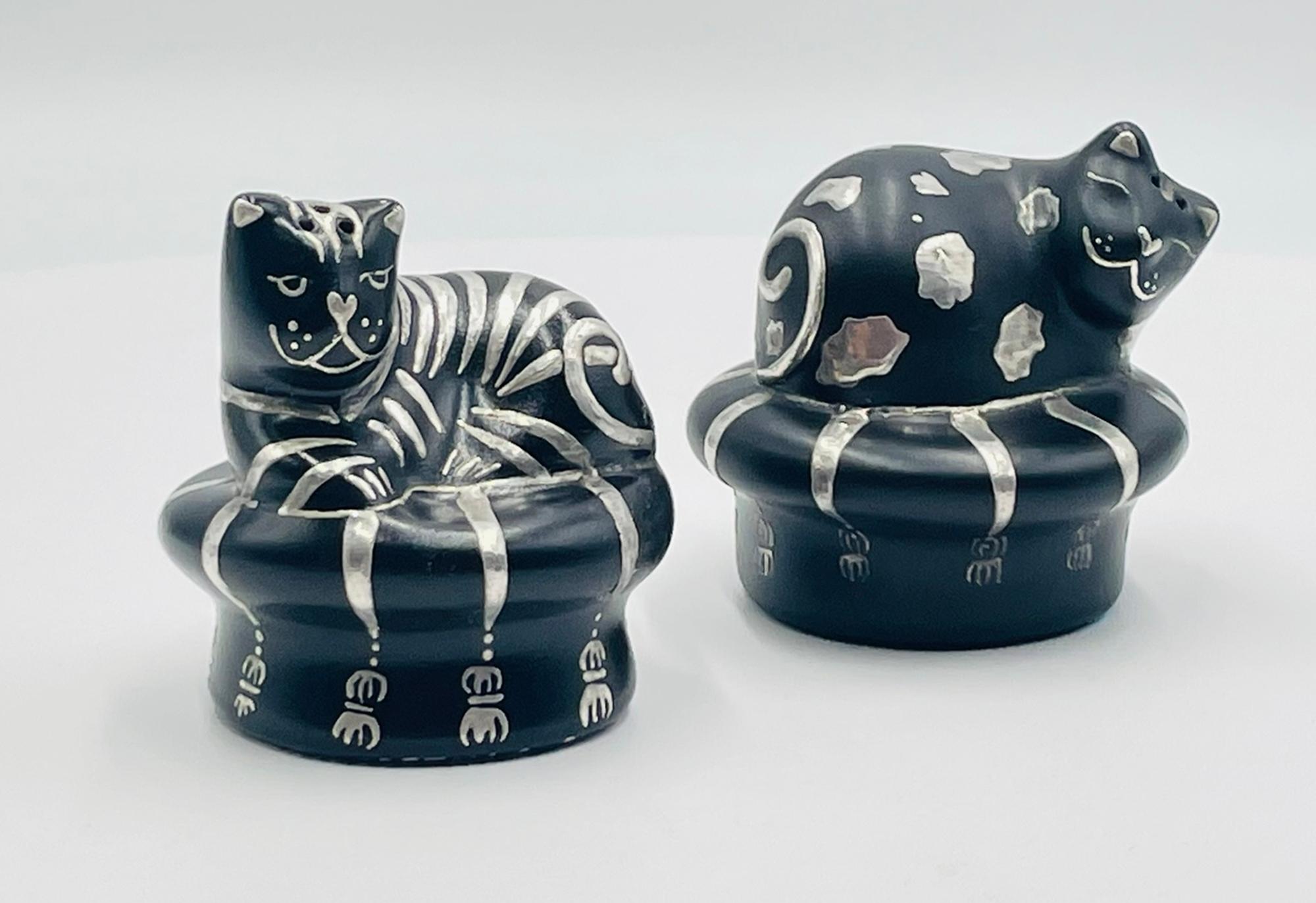 Hand-Crafted Whimsical Silver Inlaid Cat Salt & Pepper Shakers by Emilia Castillo, Mexico 96 For Sale