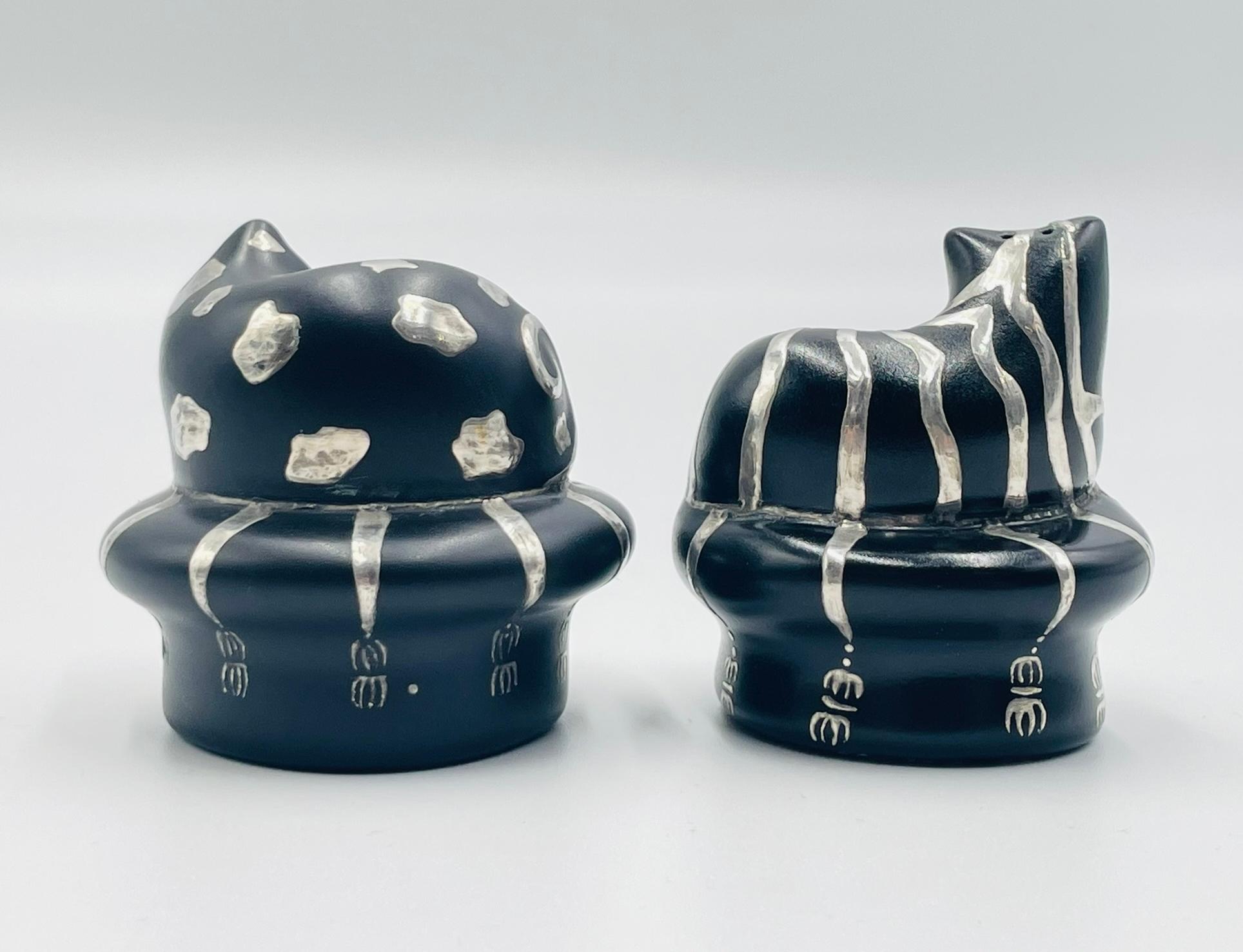 Whimsical Silver Inlaid Cat Salt & Pepper Shakers by Emilia Castillo, Mexico 96 For Sale 1