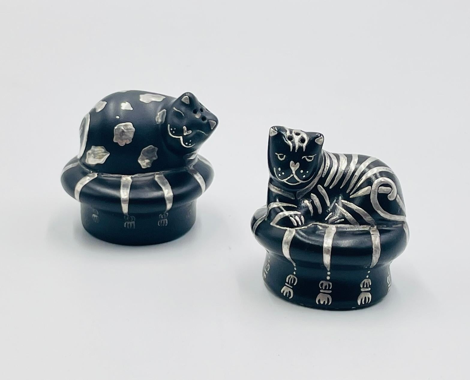 Whimsical Silver Inlaid Cat Salt & Pepper Shakers by Emilia Castillo, Mexico 96 For Sale 2