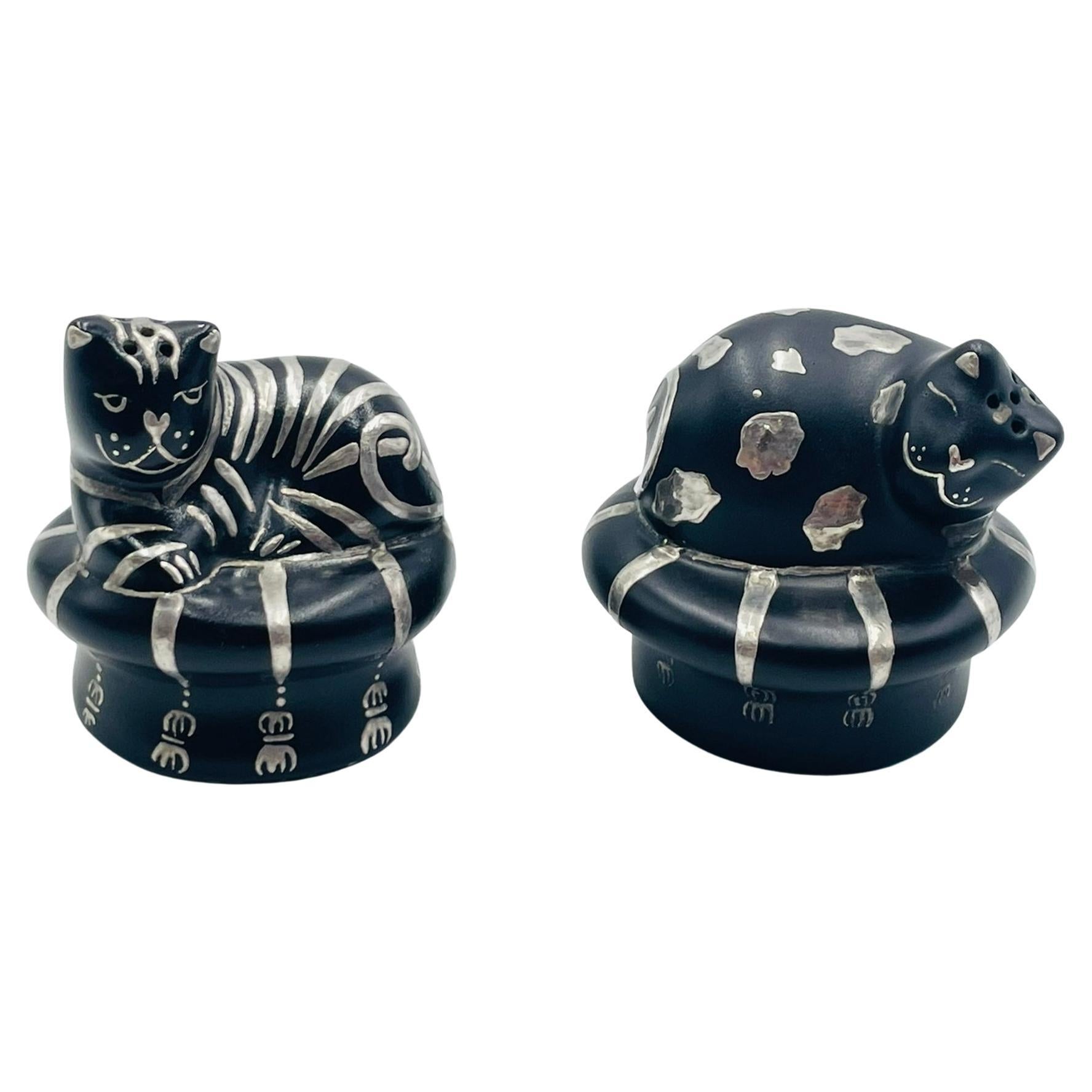 Whimsical Silver Inlaid Cat Salt & Pepper Shakers by Emilia Castillo, Mexico 96 For Sale