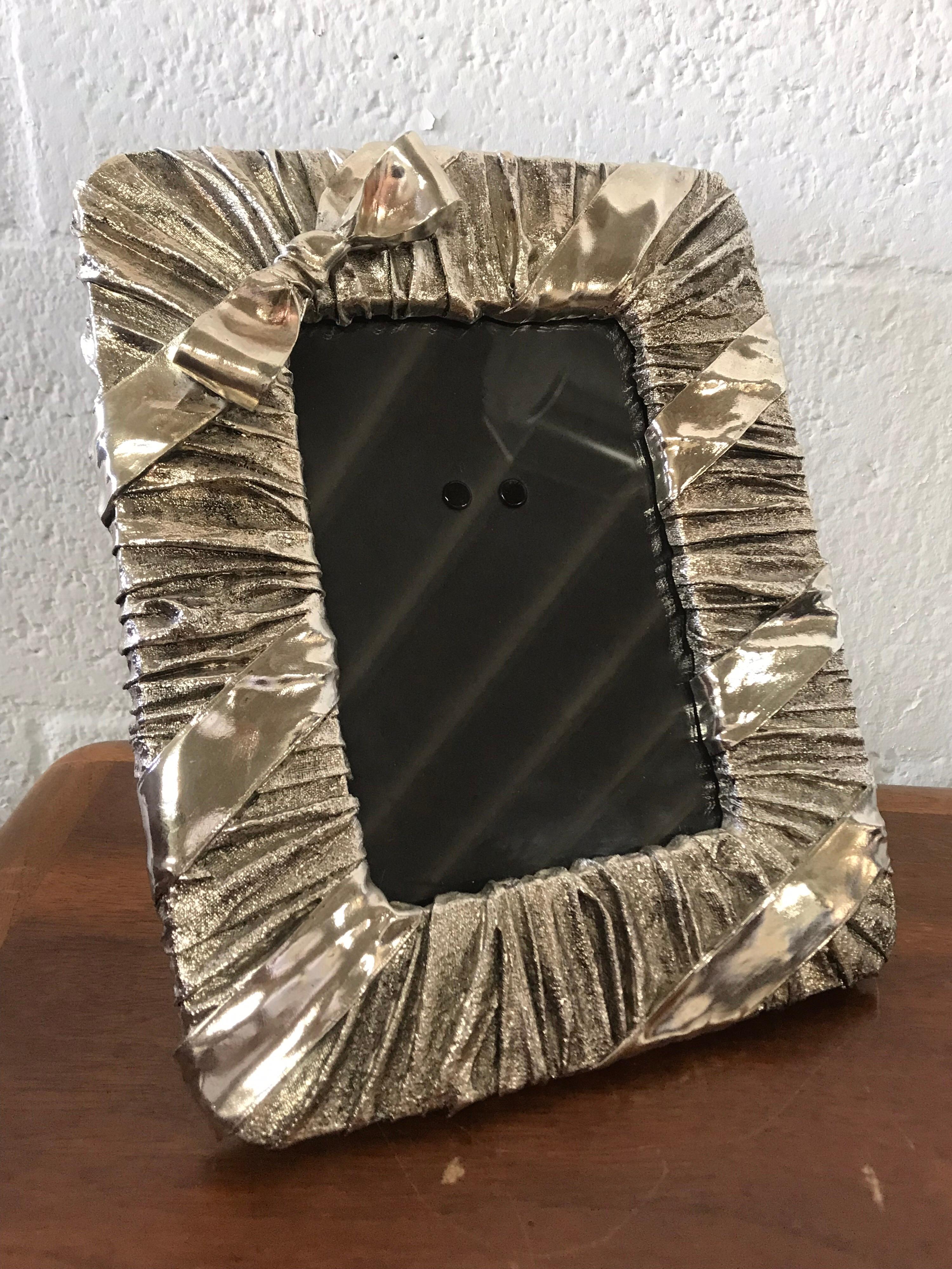 20th Century Whimsical Silver Photo or Picture Frame with a Ruched Fabric and Bow Motif For Sale