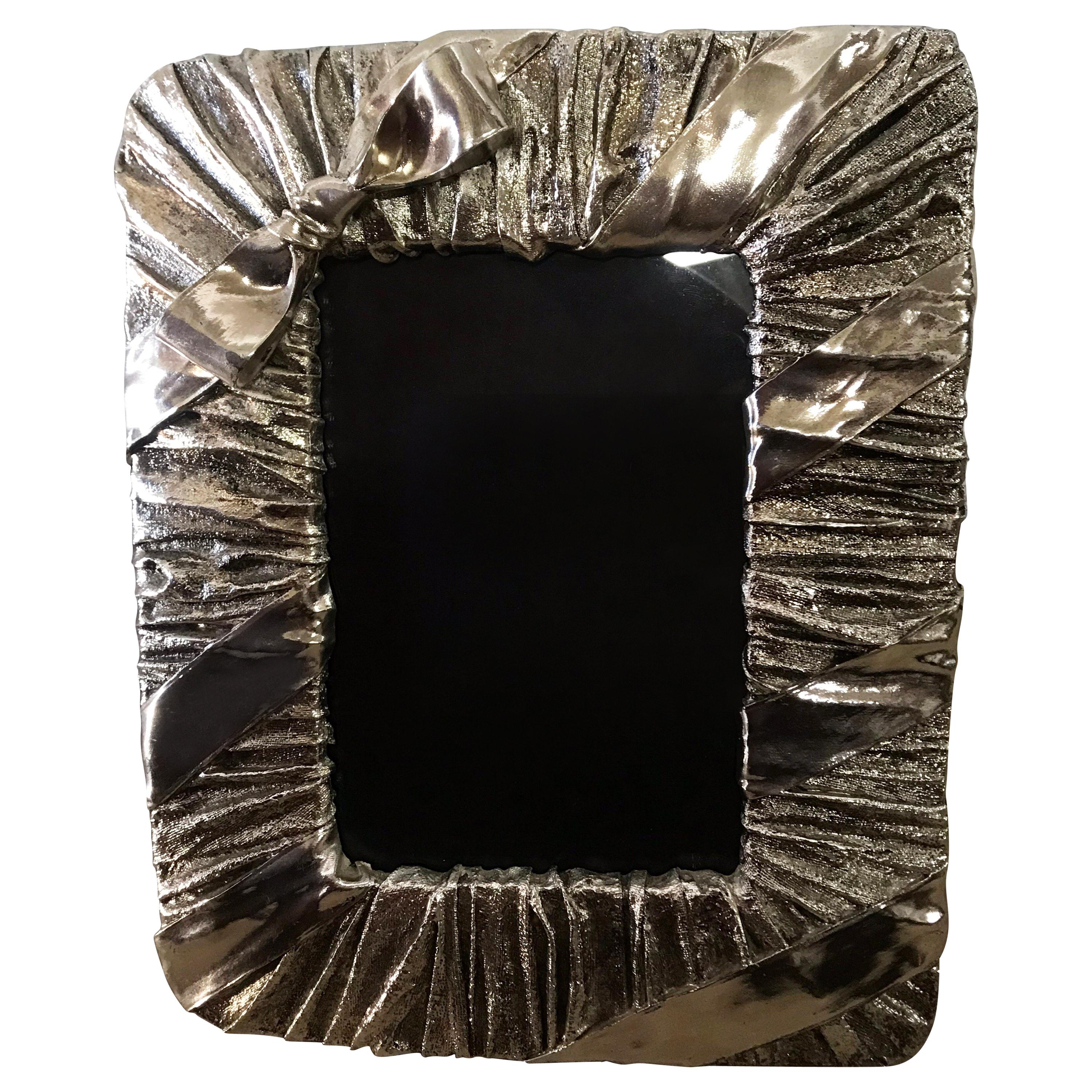 Whimsical Silver Photo or Picture Frame with a Ruched Fabric and Bow Motif For Sale