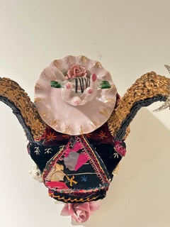 Whimsical Skull Wall Sculpture with Crazy Quilt and Vintage Media