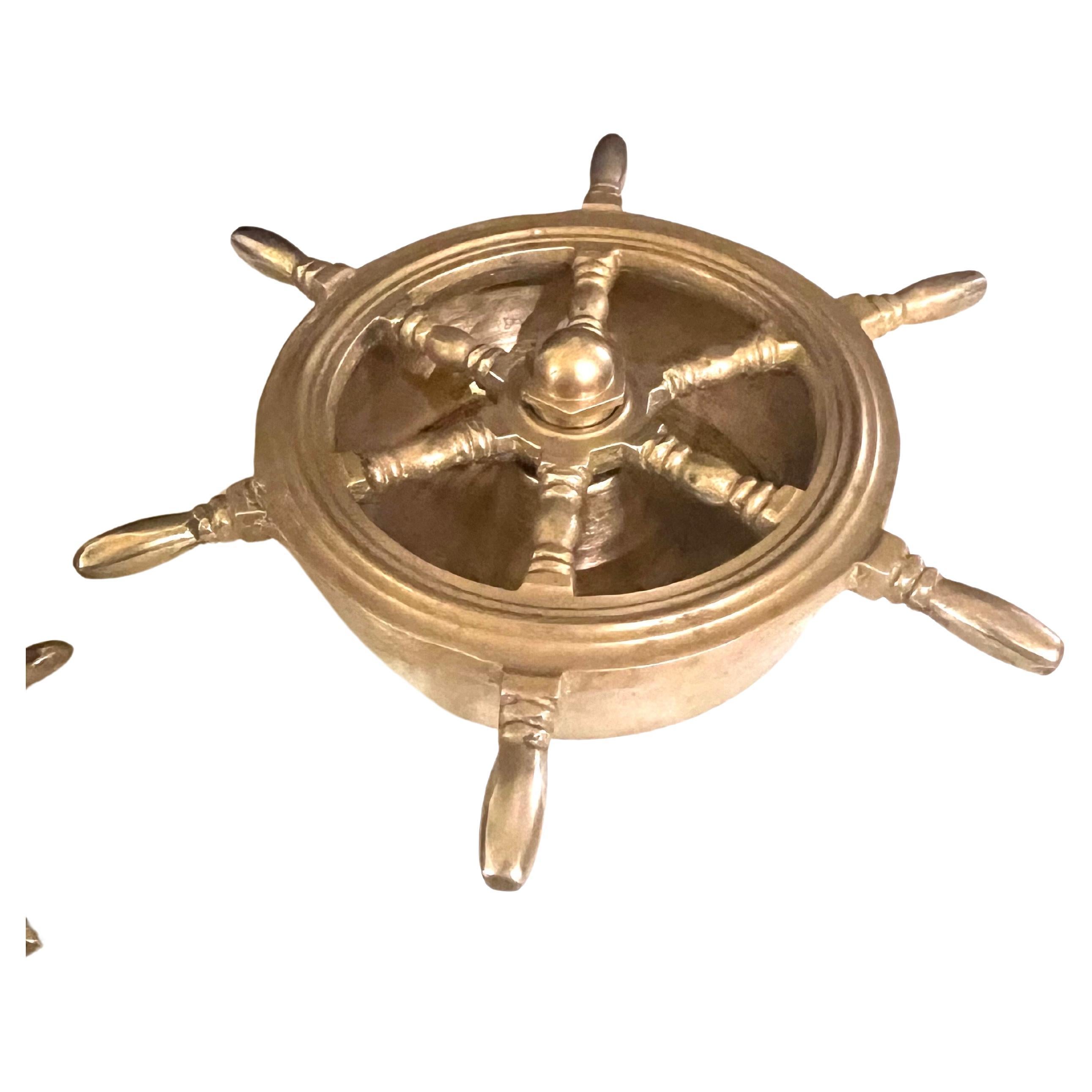 Hollywood Regency Whimsical Solid Brass Nautical Candle Holder & Ashtray Steering Wheel For Sale