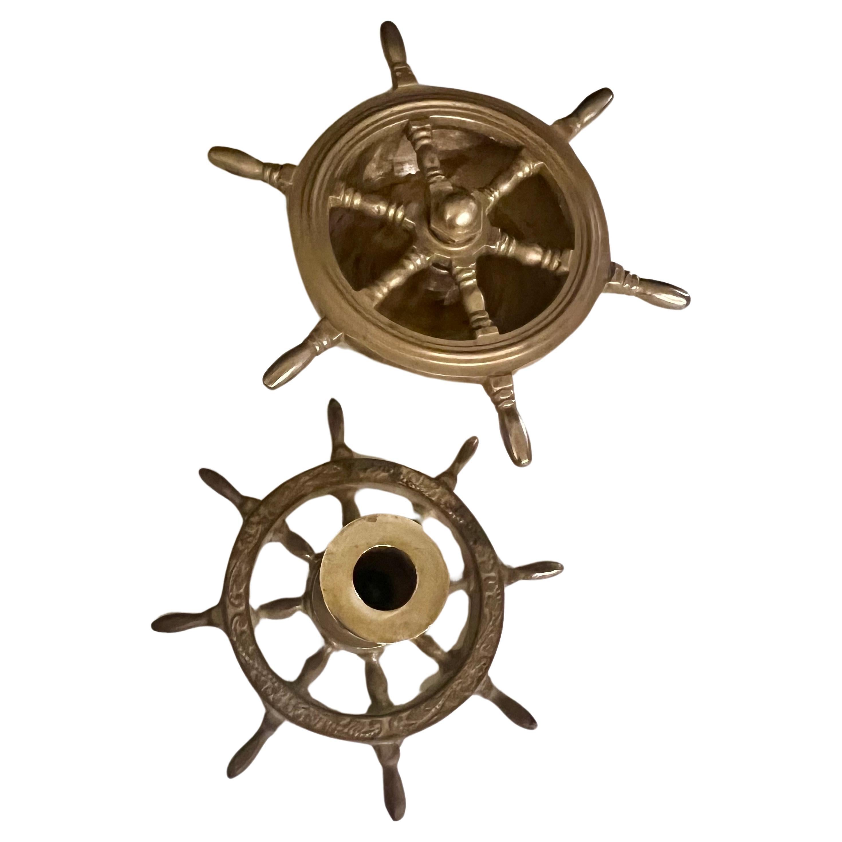 Whimsical Solid Brass Nautical Candle Holder & Ashtray Steering Wheel In Good Condition For Sale In San Diego, CA