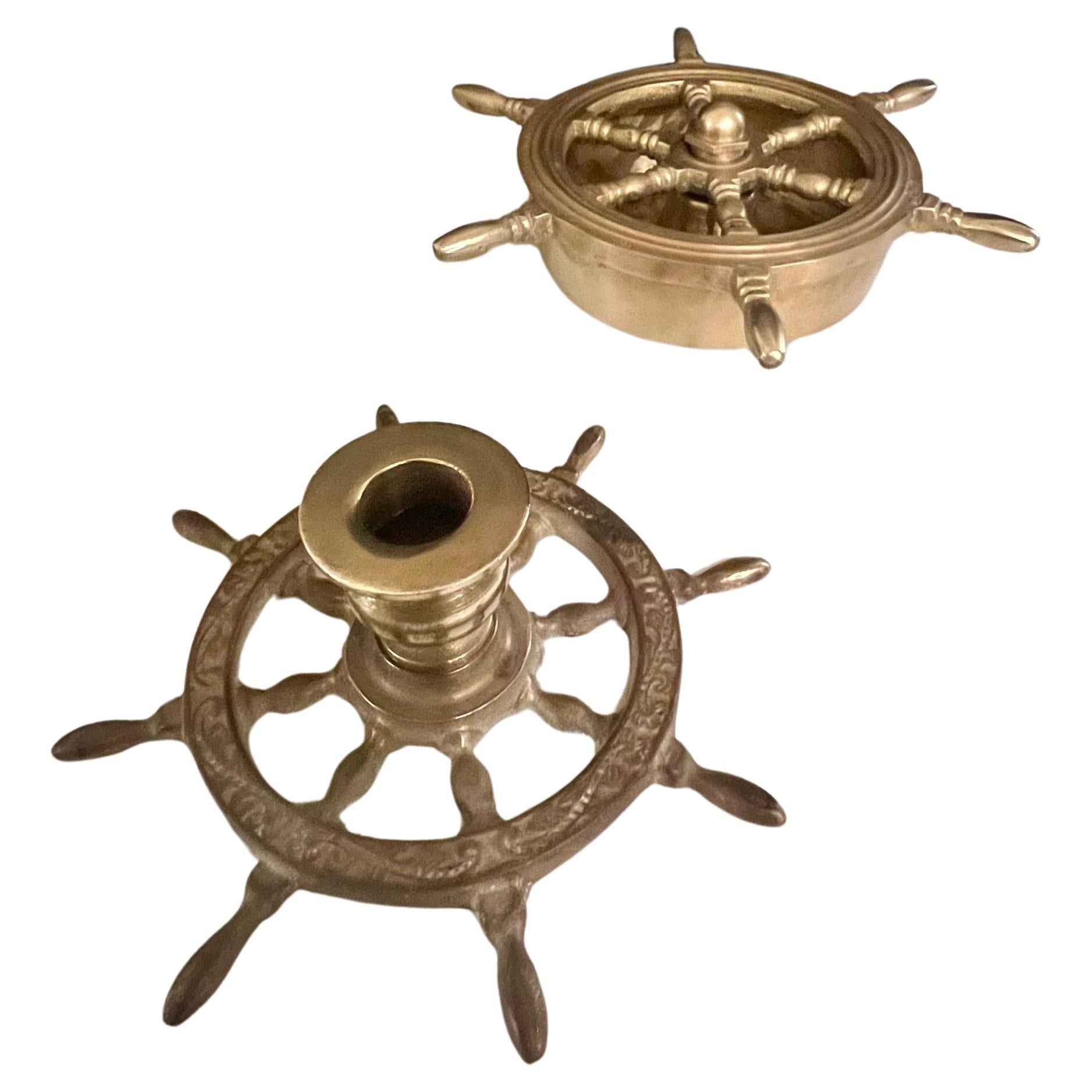 20th Century Whimsical Solid Brass Nautical Candle Holder & Ashtray Steering Wheel For Sale
