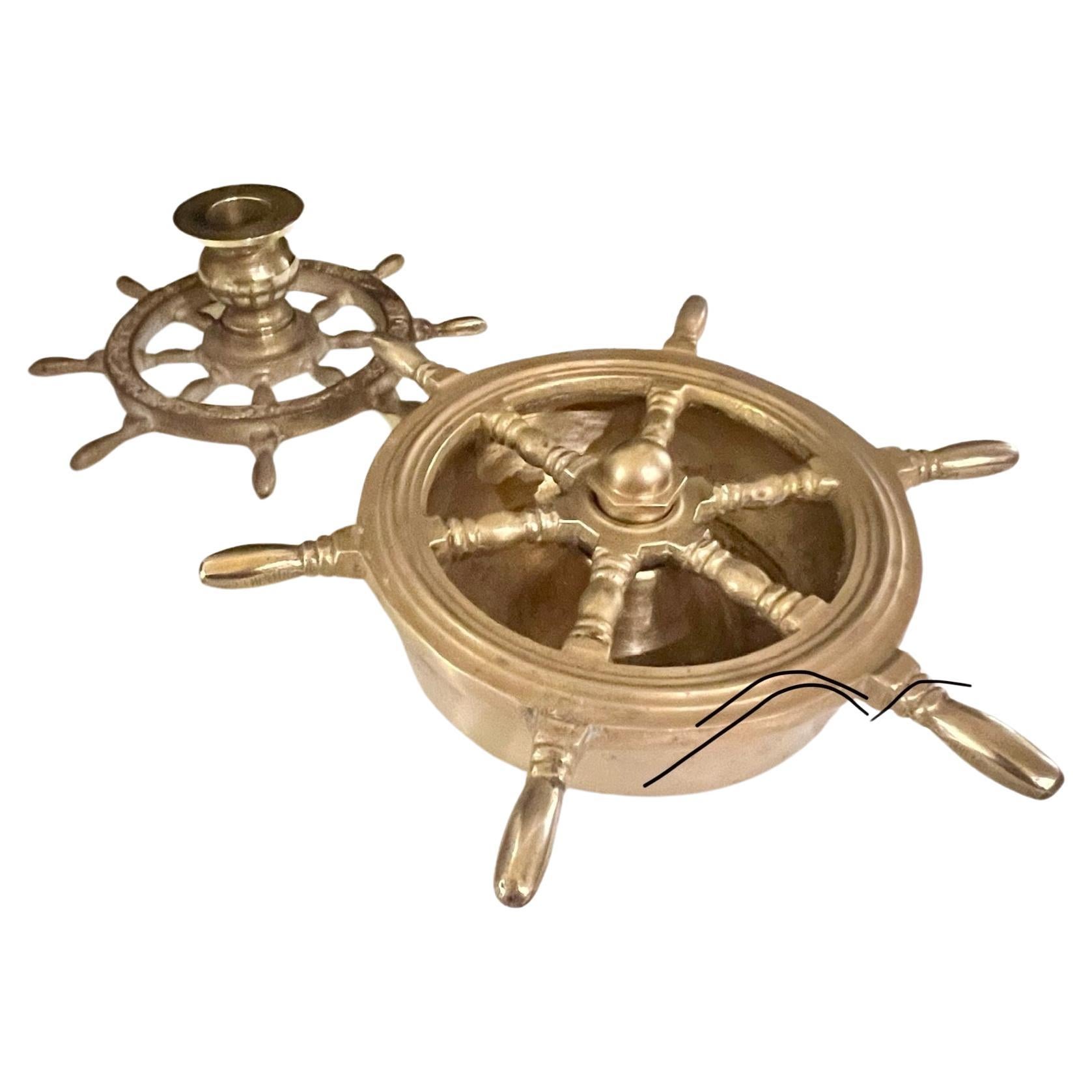 Whimsical Solid Brass Nautical Candle Holder & Ashtray Steering Wheel For Sale