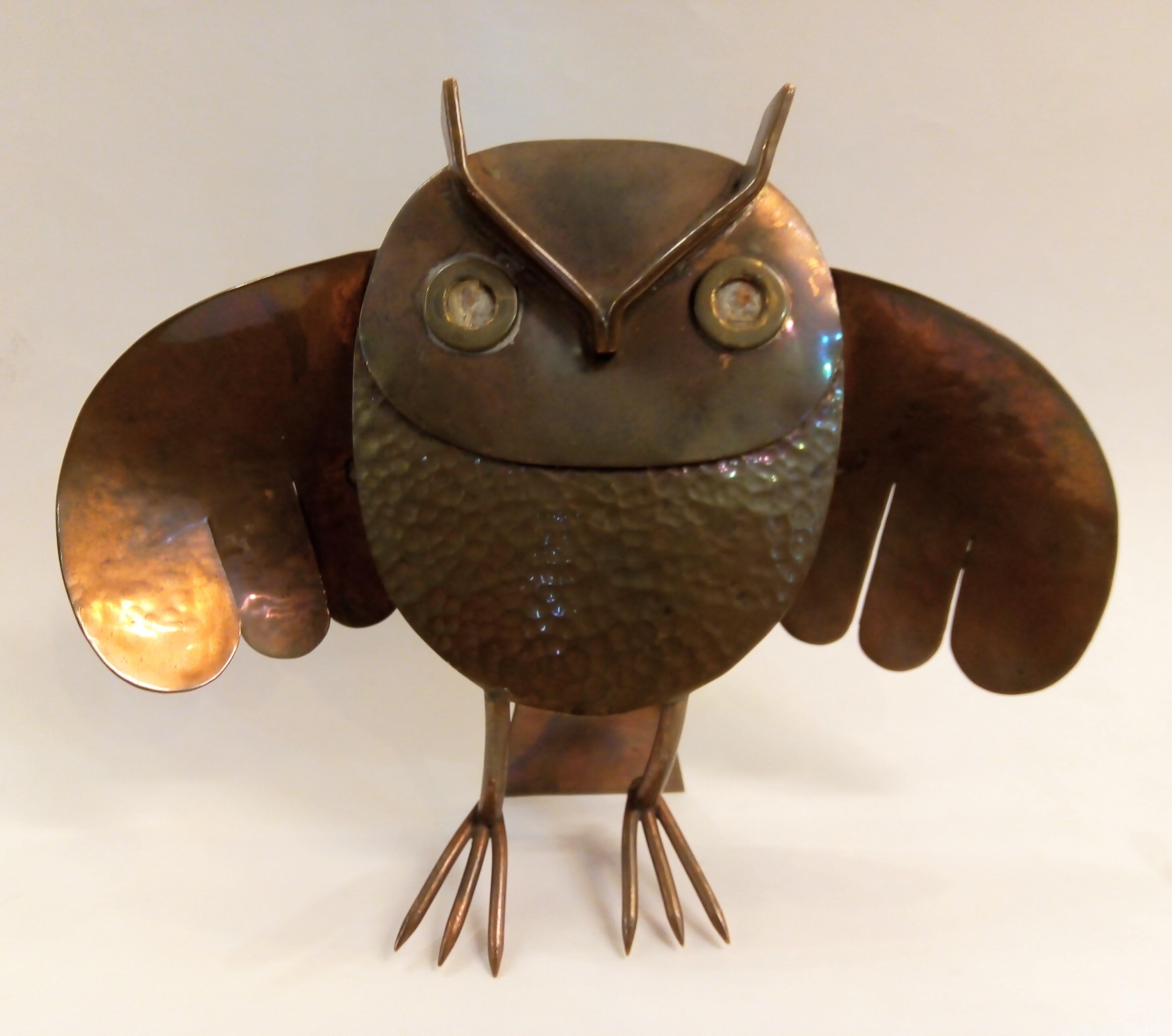Beautifully handcrafted owl with open wings made by Los Castillo workshop in Taxco, Guerrero, Mexico. It is manufactured by hand in oxidized and hammered copper and welded together.  It is signed 